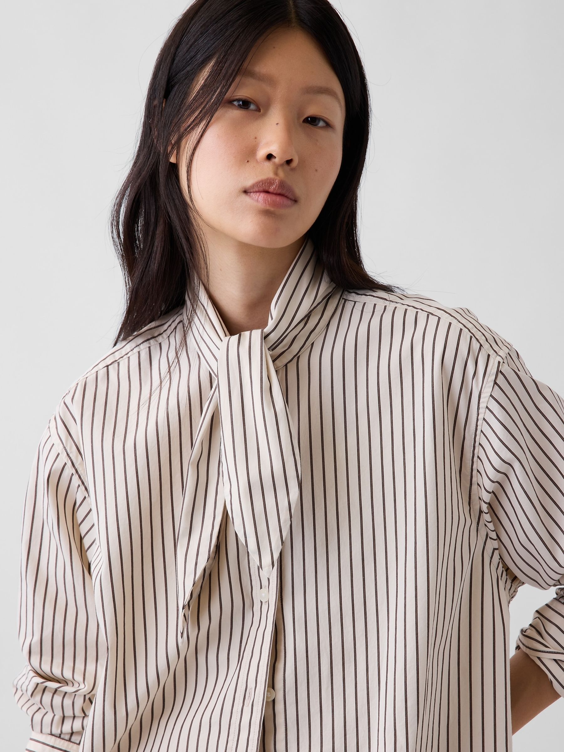 Cream & Brown Stripe Poplin Tie-Neck Big Shirt - Image 4 of 4