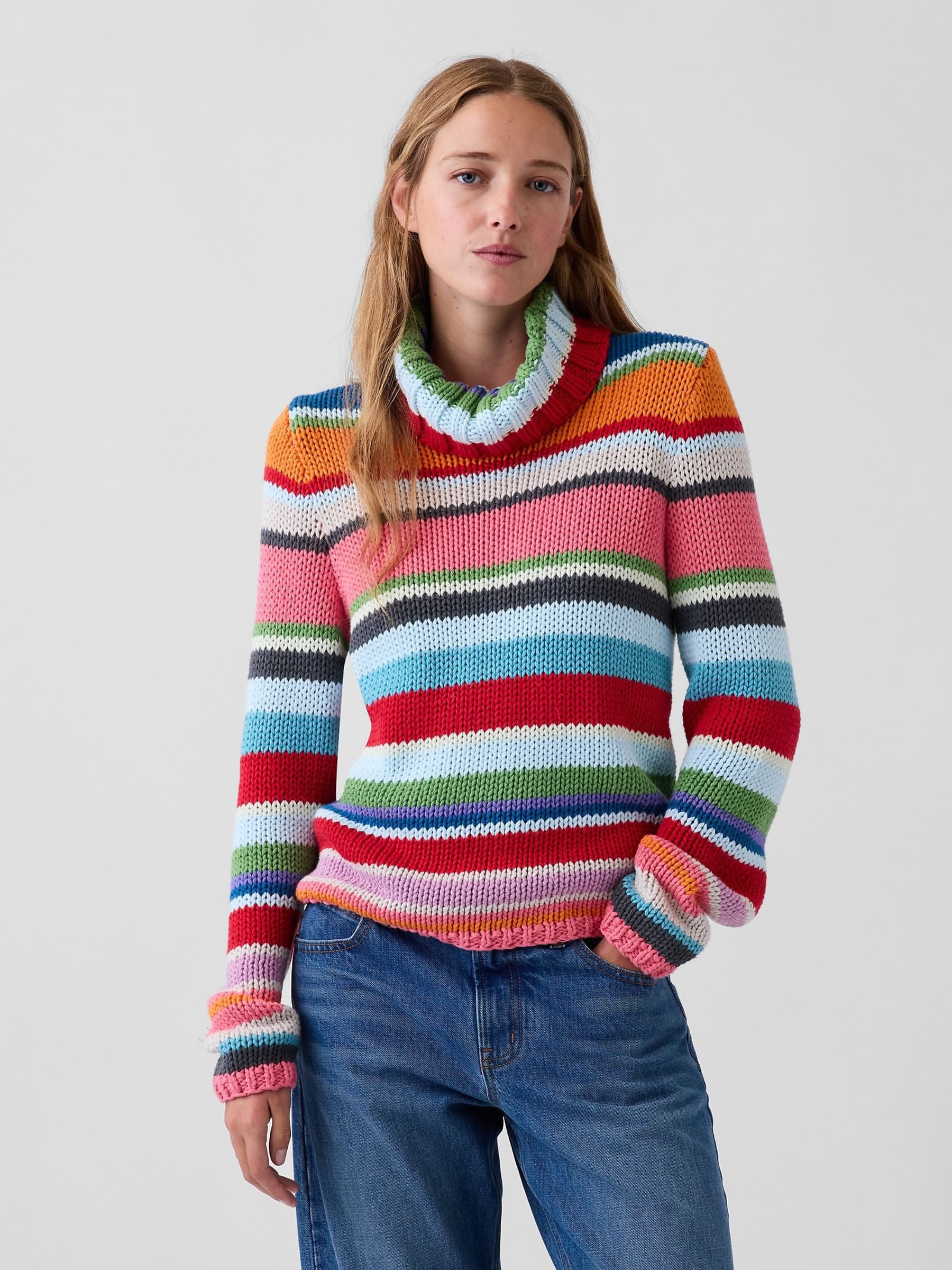 Multi Stripe Hand-Knit Turtle Neck Jumper - Image 1 of 4