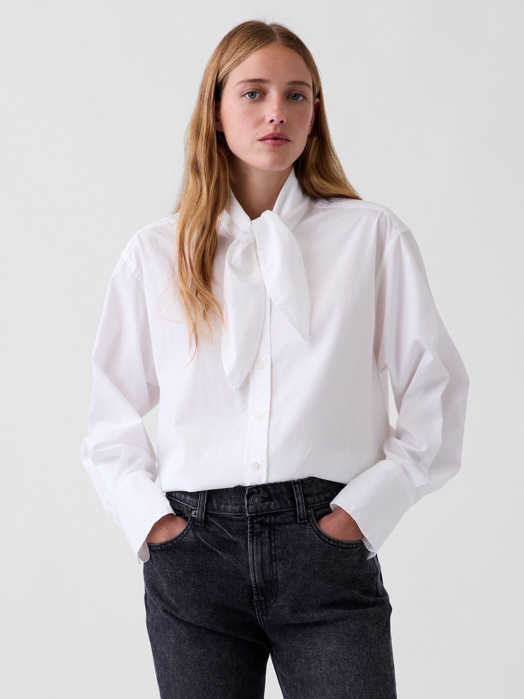 White Poplin Tie-Neck Big Shirt - Image 1 of 4