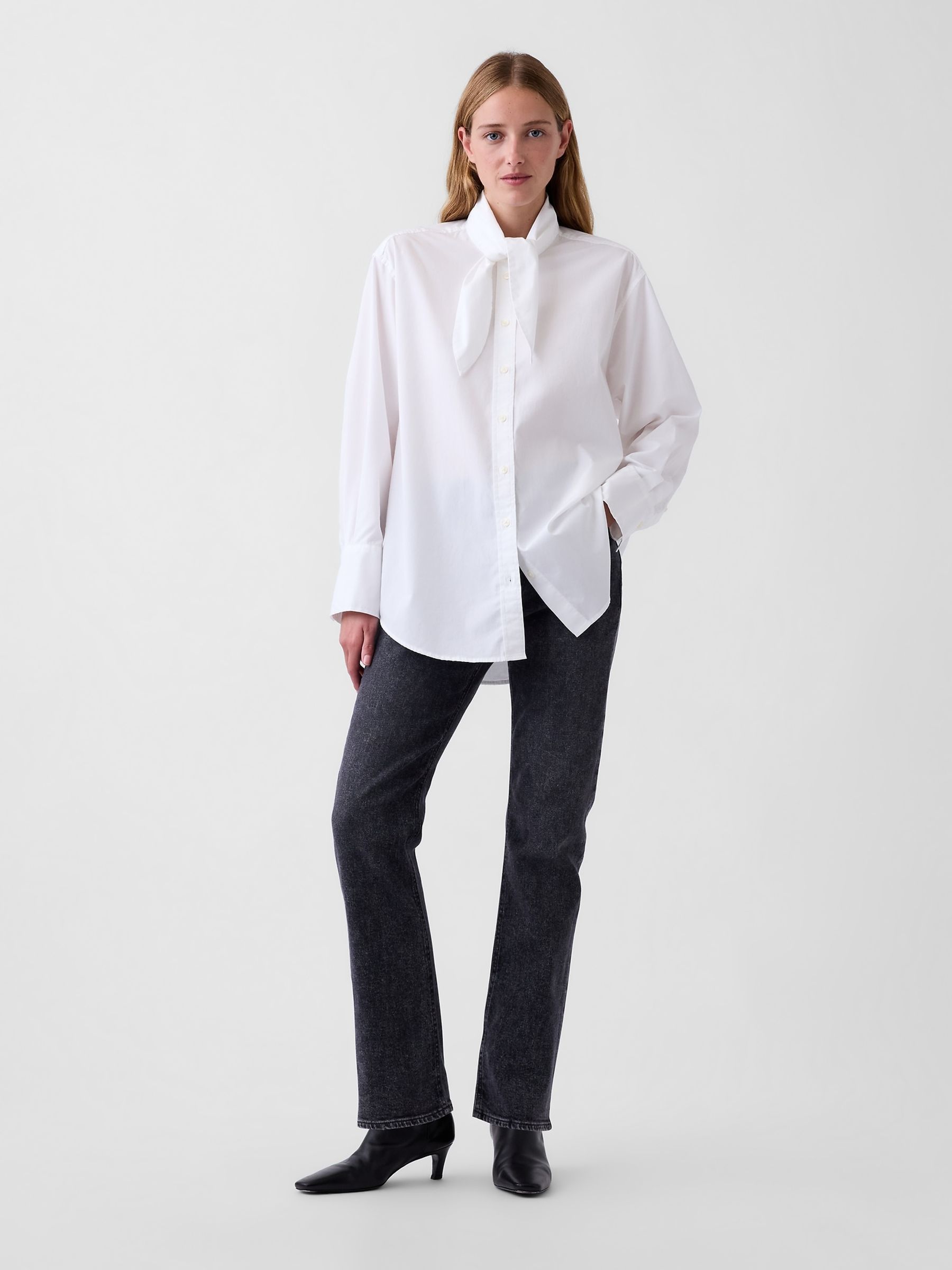 White Poplin Tie-Neck Big Shirt - Image 3 of 4