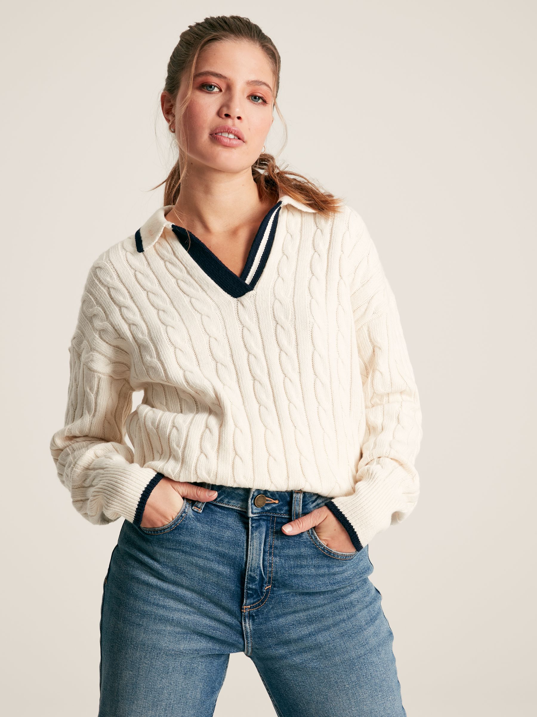 Vanessa Cream/Navy Cable Knit Cricket Jumper - Image 1 of 6