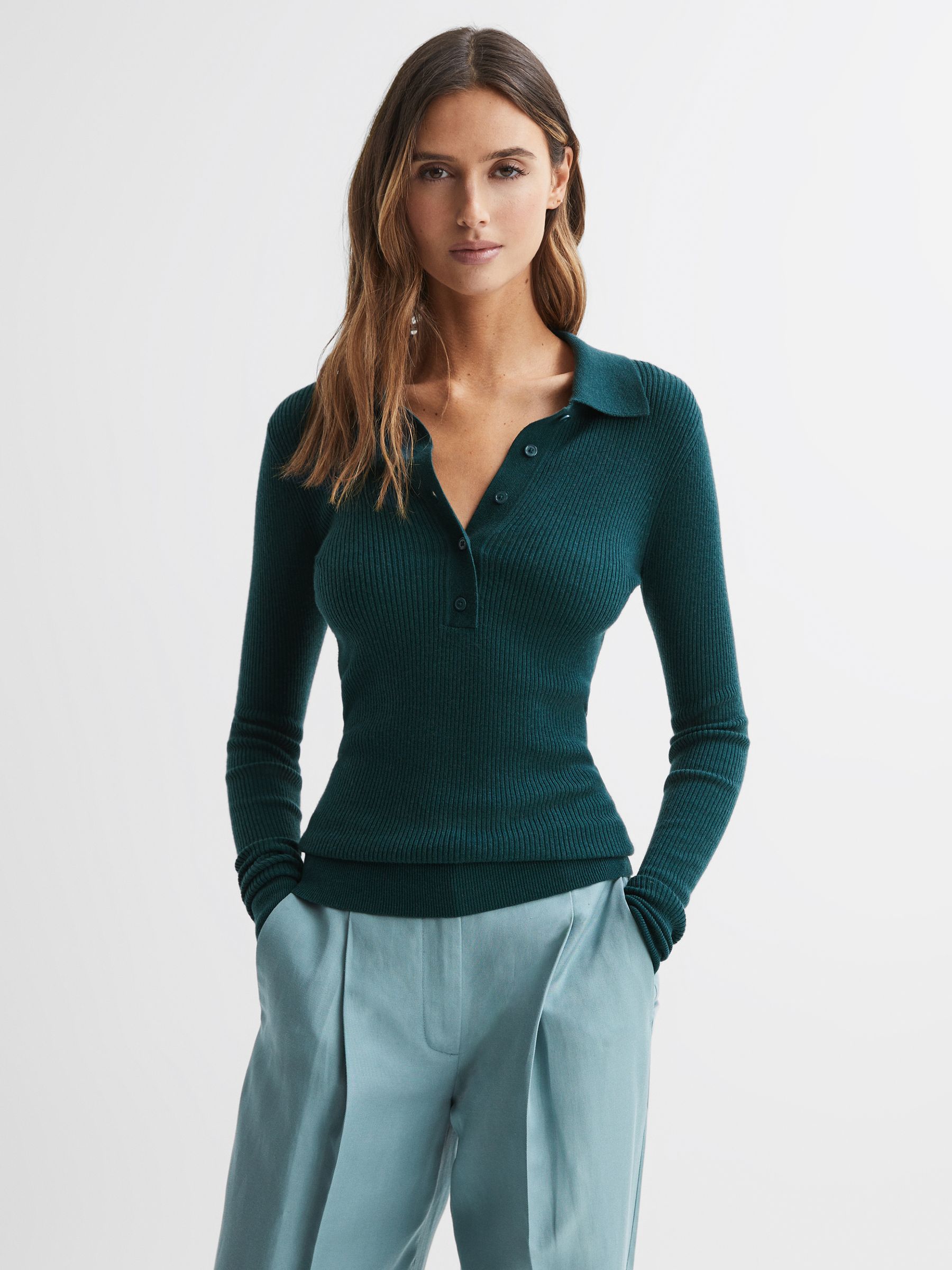 Ribbed Space Wool Polo Shirt in Green - Image 1 of 5 Ribbed Space Wool Polo Shirt in Green - Image 1 of 5