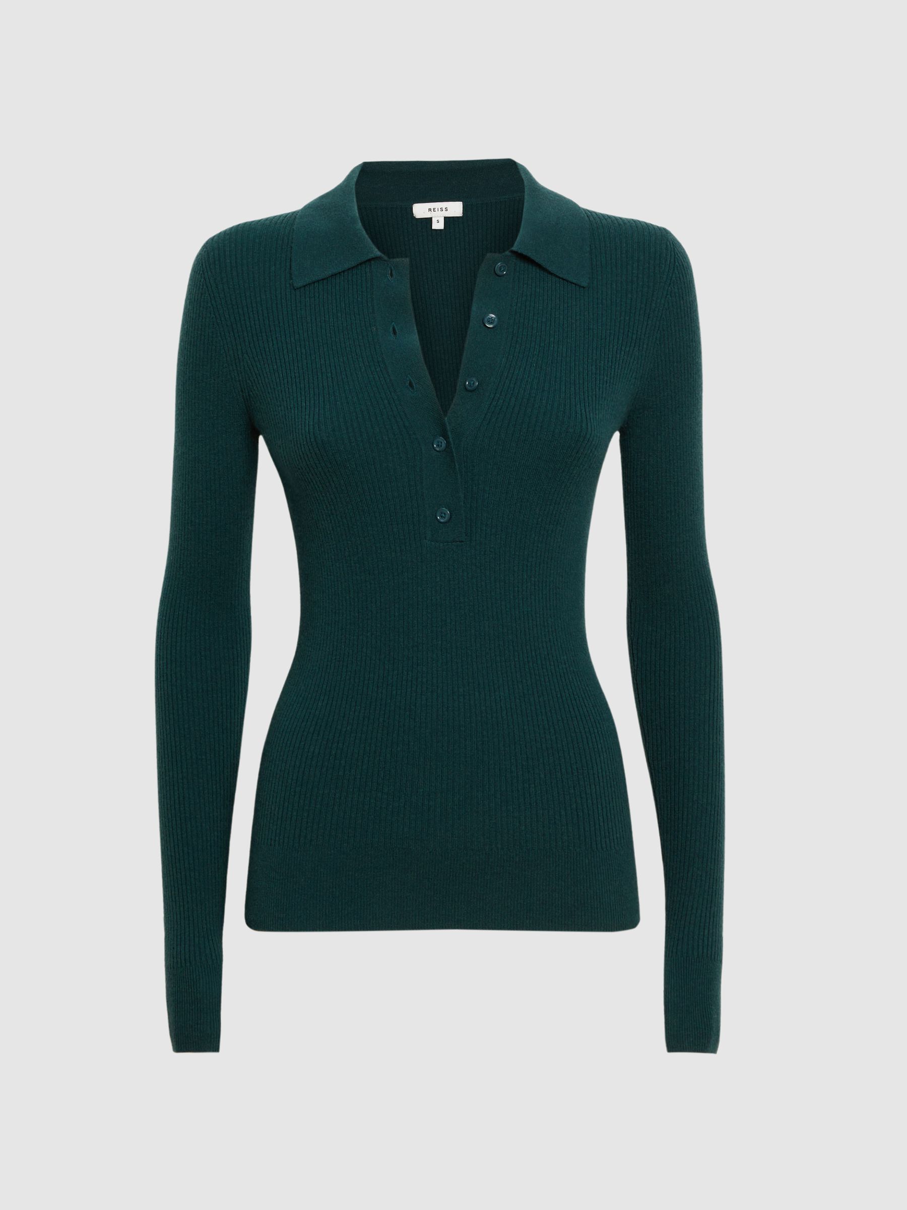 Ribbed Space Wool Polo Shirt in Green - Image 2 of 5