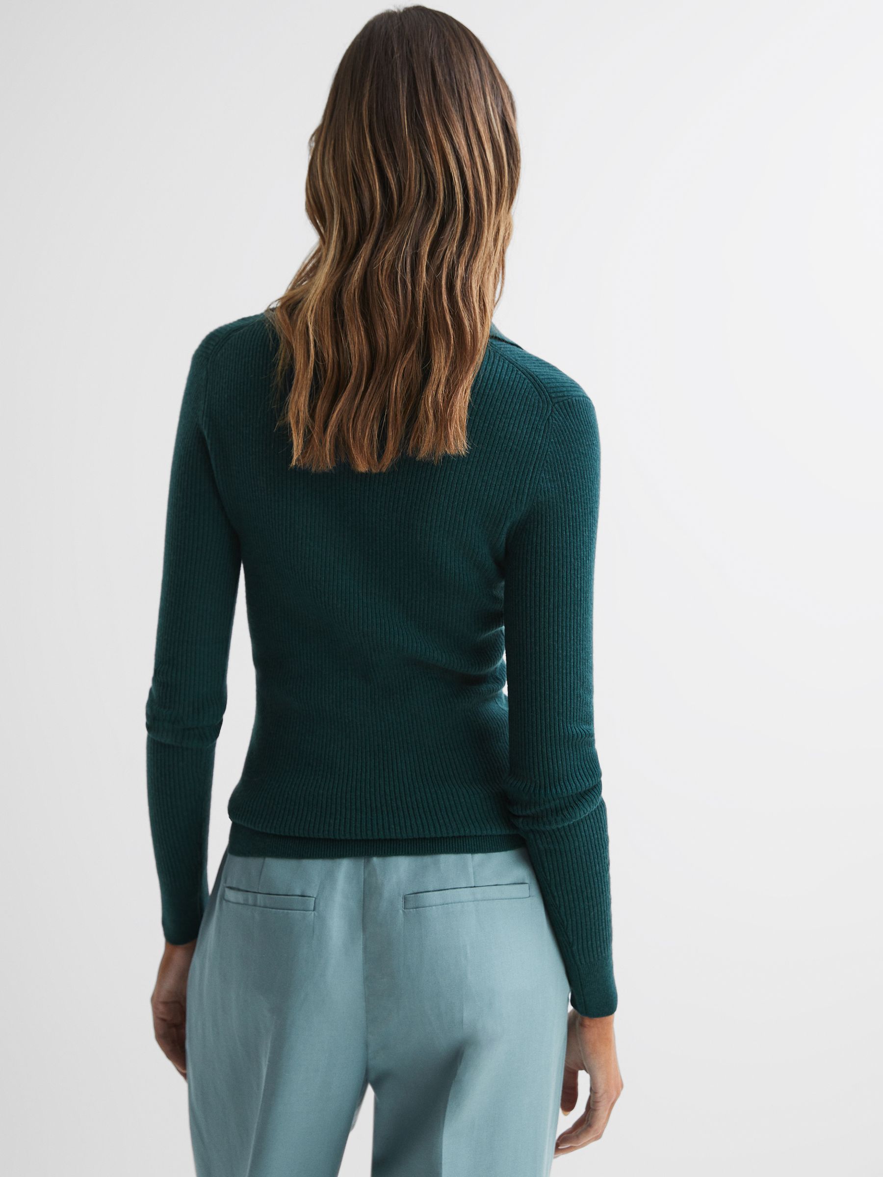 Ribbed Space Wool Polo Shirt in Green - Image 4 of 5