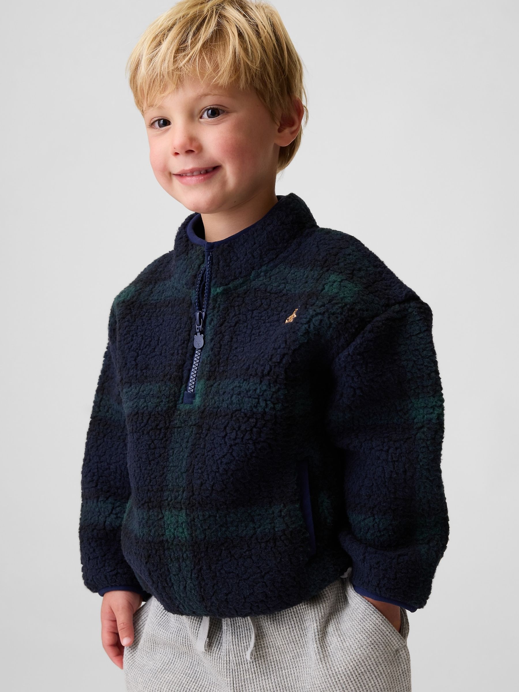 Black Plaid Sherpa Quarter-Zip Fleece - Image 1 of 4 Black Plaid Sherpa Quarter-Zip Fleece - Image 1 of 4