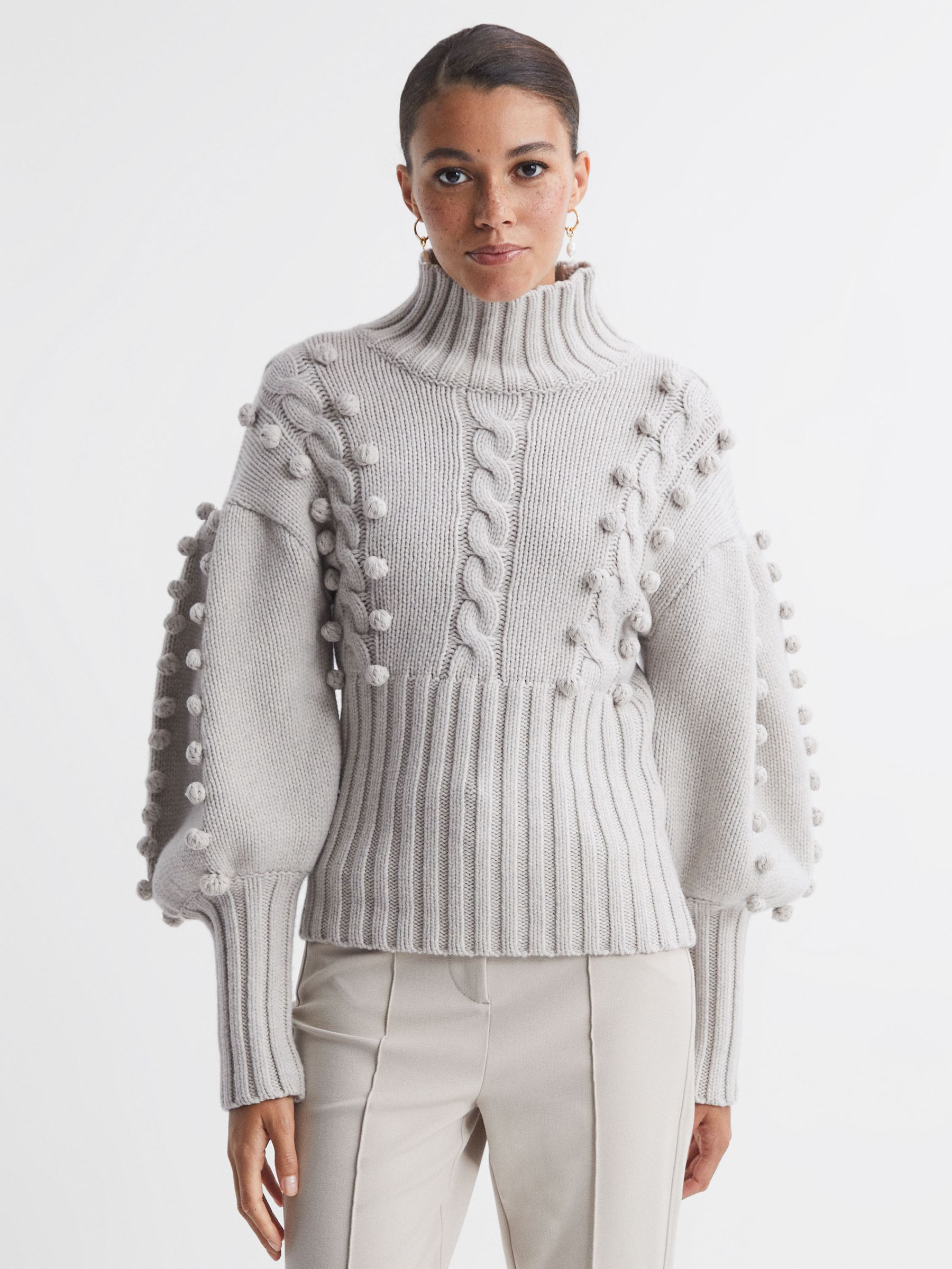 Joslin Wool Pom Pom Funnel Neck Jumper in Pearl Marle - Image 1 of 5