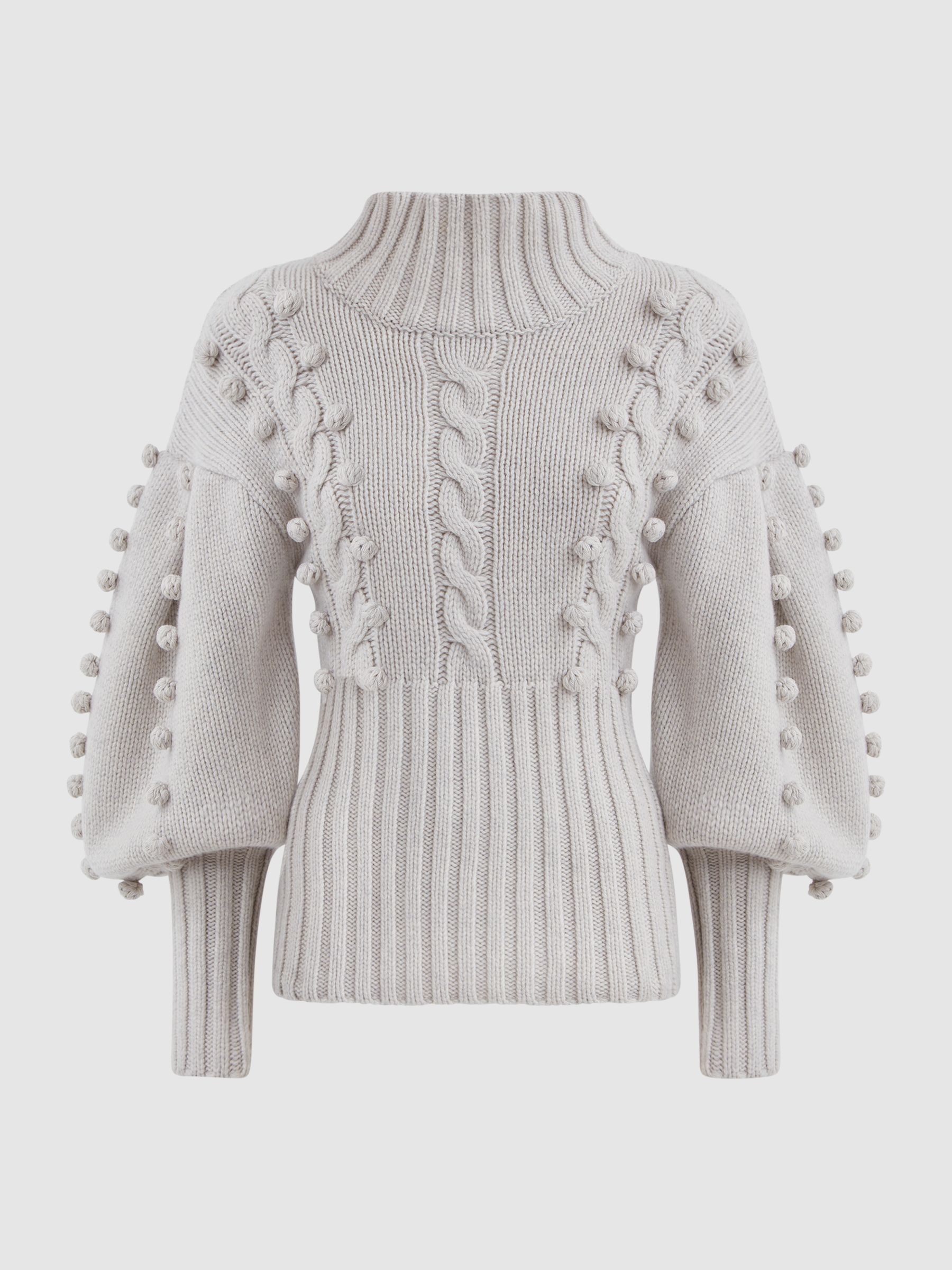 Joslin Wool Pom Pom Funnel Neck Jumper in Pearl Marle - Image 2 of 5