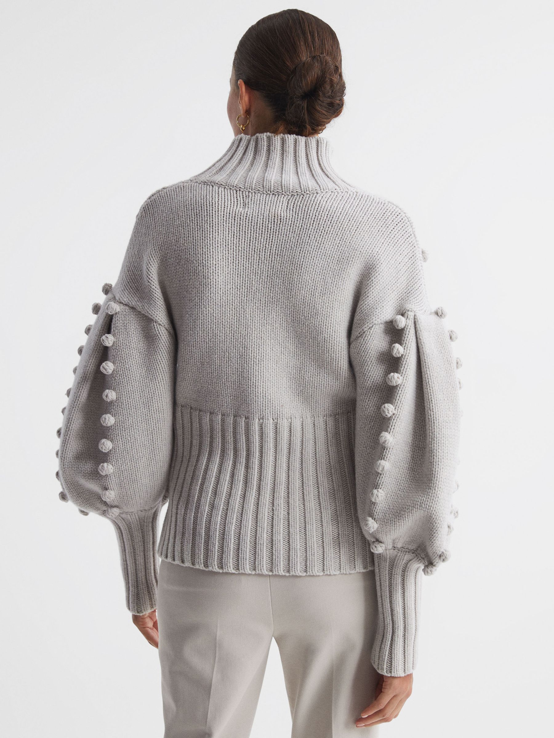 Joslin Wool Pom Pom Funnel Neck Jumper in Pearl Marle - Image 4 of 5