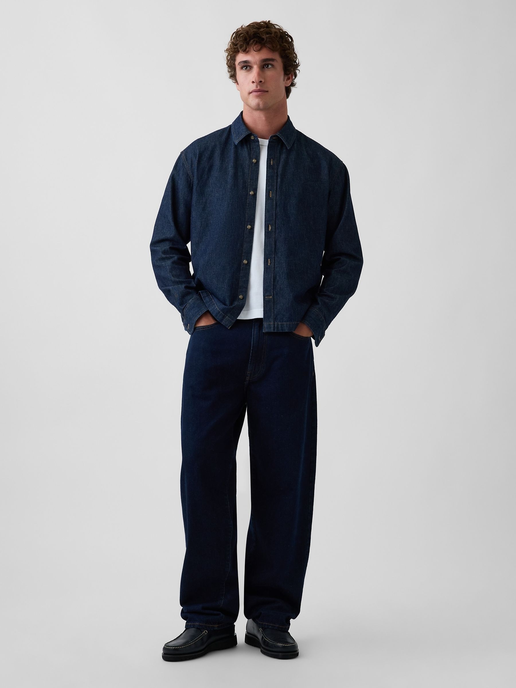 Dark Wash Denim Relaxed Straight-Hem Shirt - Image 3 of 4