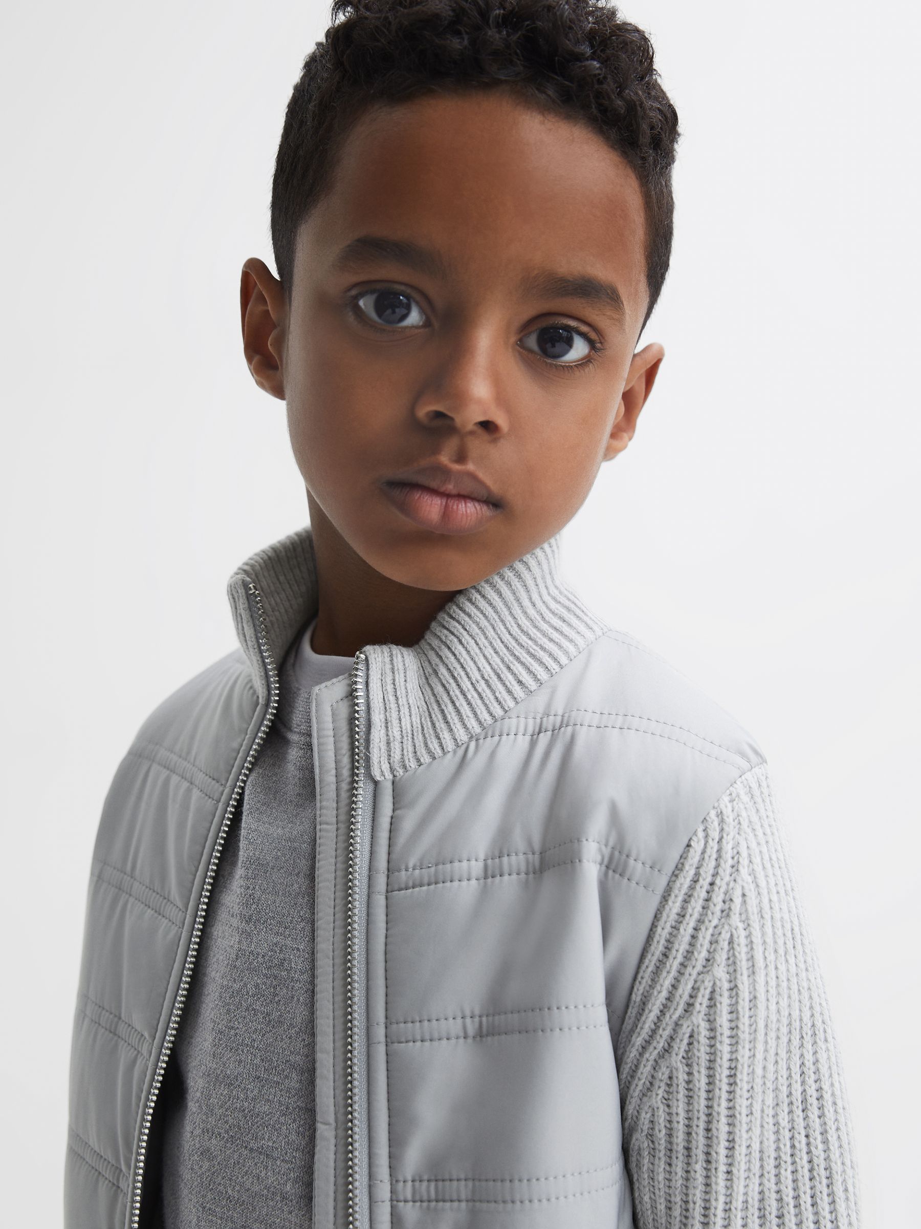 9-14 yrs Hybrid Zip Through Quilted Jacket in Soft Grey Melange - Image 4 of 8