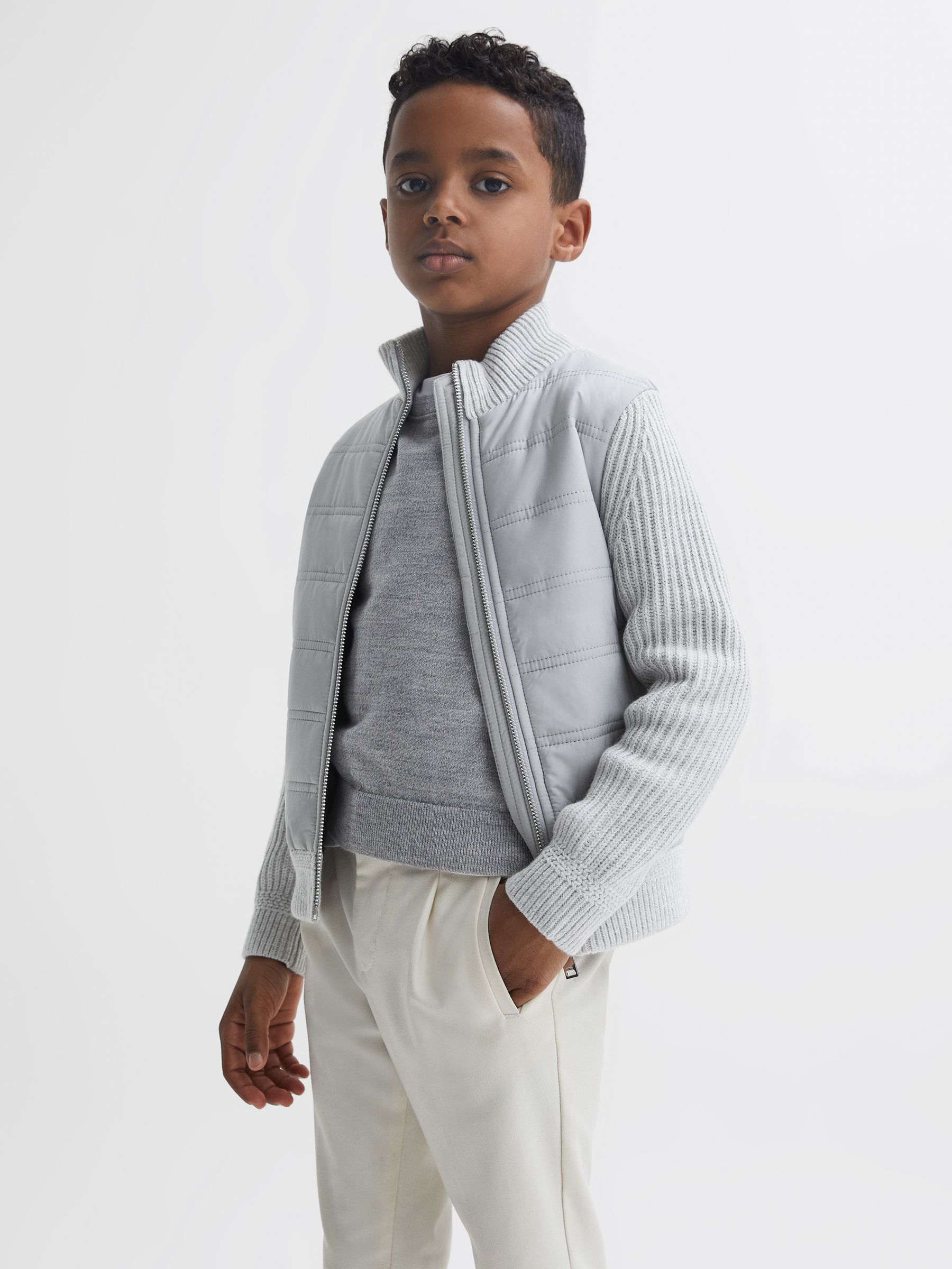 9-14 yrs Hybrid Zip Through Quilted Jacket in Soft Grey Melange - Image 6 of 8