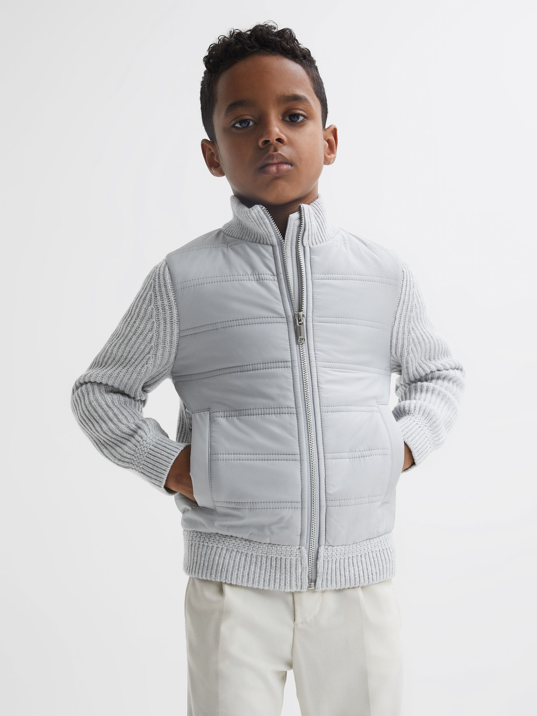9-14 yrs Hybrid Zip Through Quilted Jacket in Soft Grey Melange - Image 7 of 8