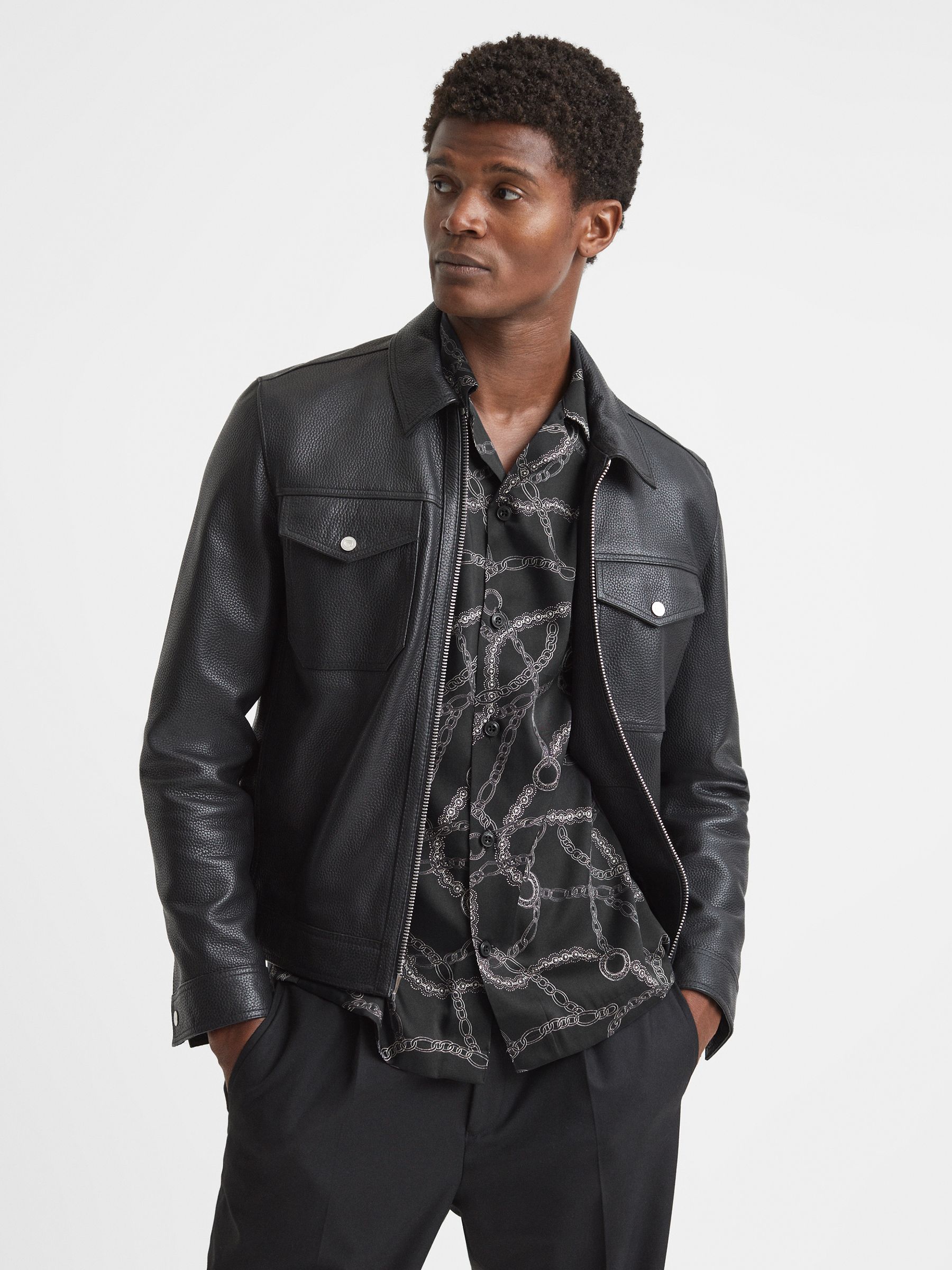 Chain Print Cuban Collar Shirt in Black - Image 3 of 5