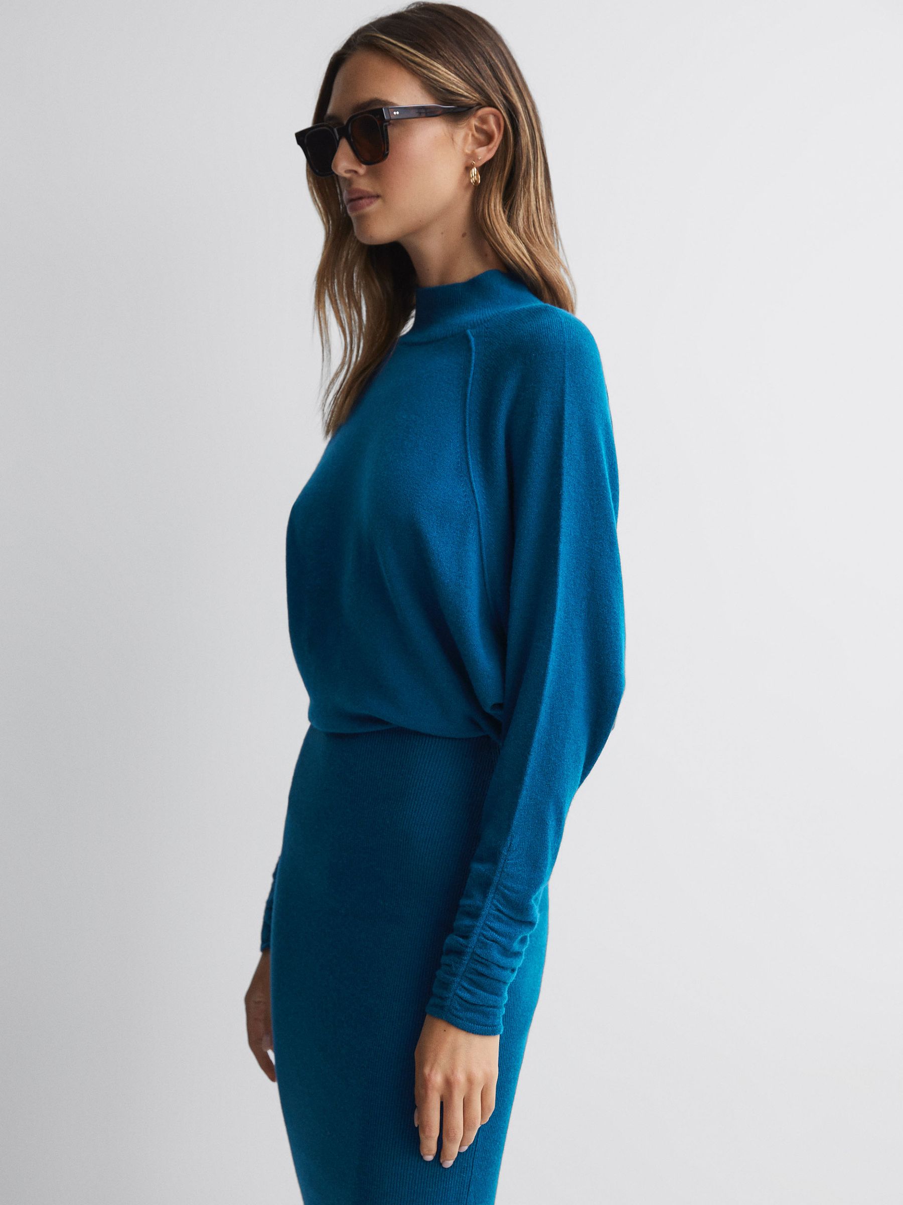 Wool Blend Ruched Sleeve Midi Dress in Blue - Image 1 of 5