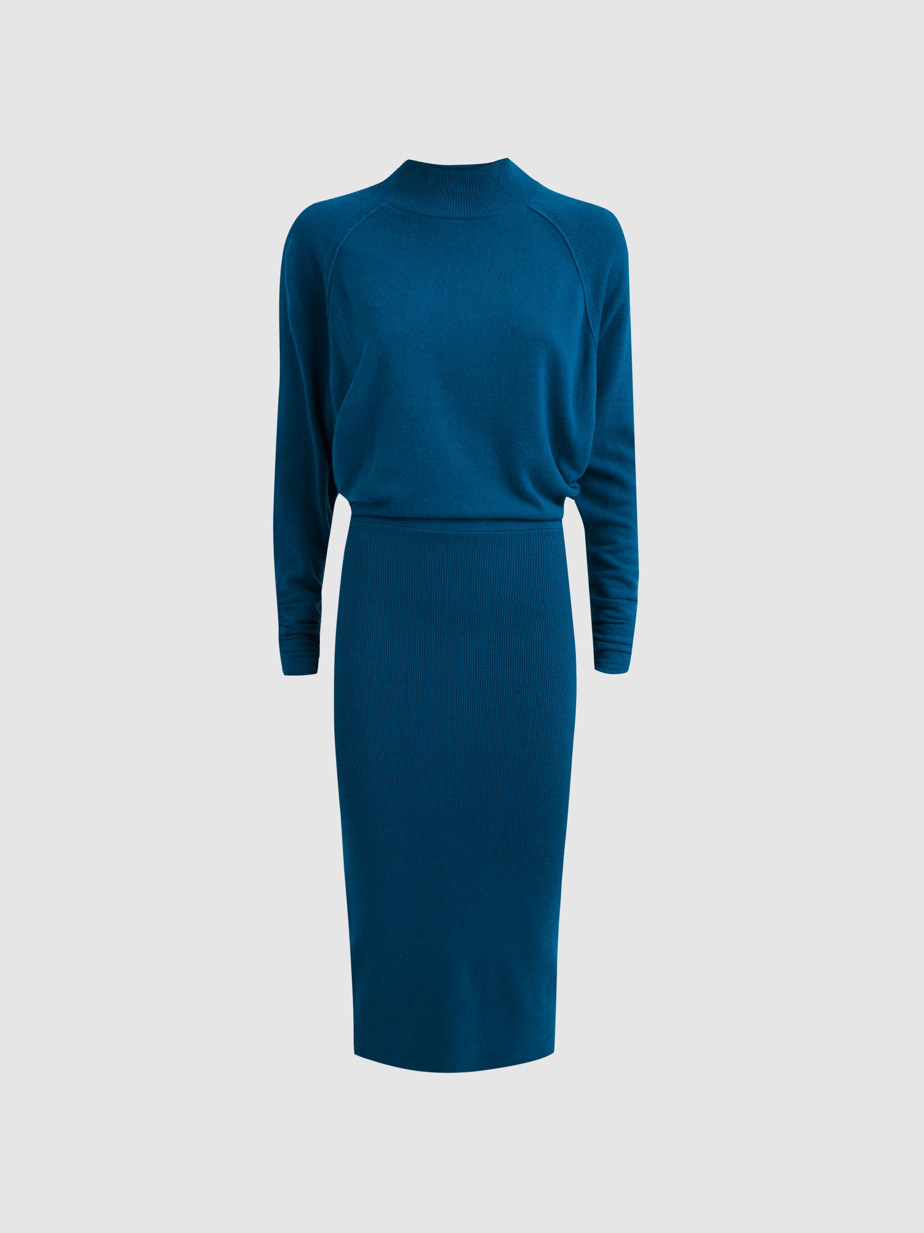 Wool Blend Ruched Sleeve Midi Dress in Blue - Image 2 of 5
