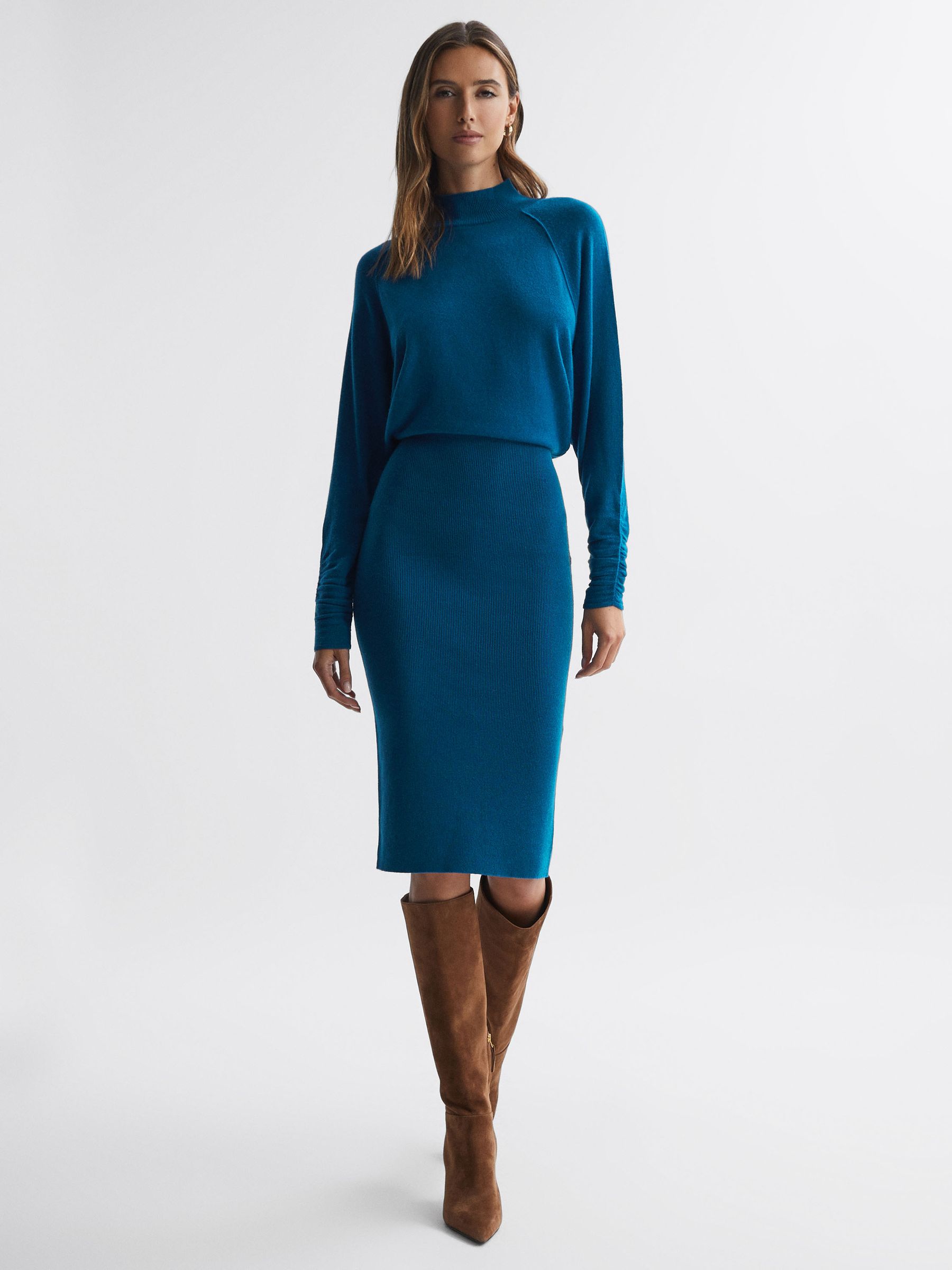 Wool Blend Ruched Sleeve Midi Dress in Blue - Image 3 of 5