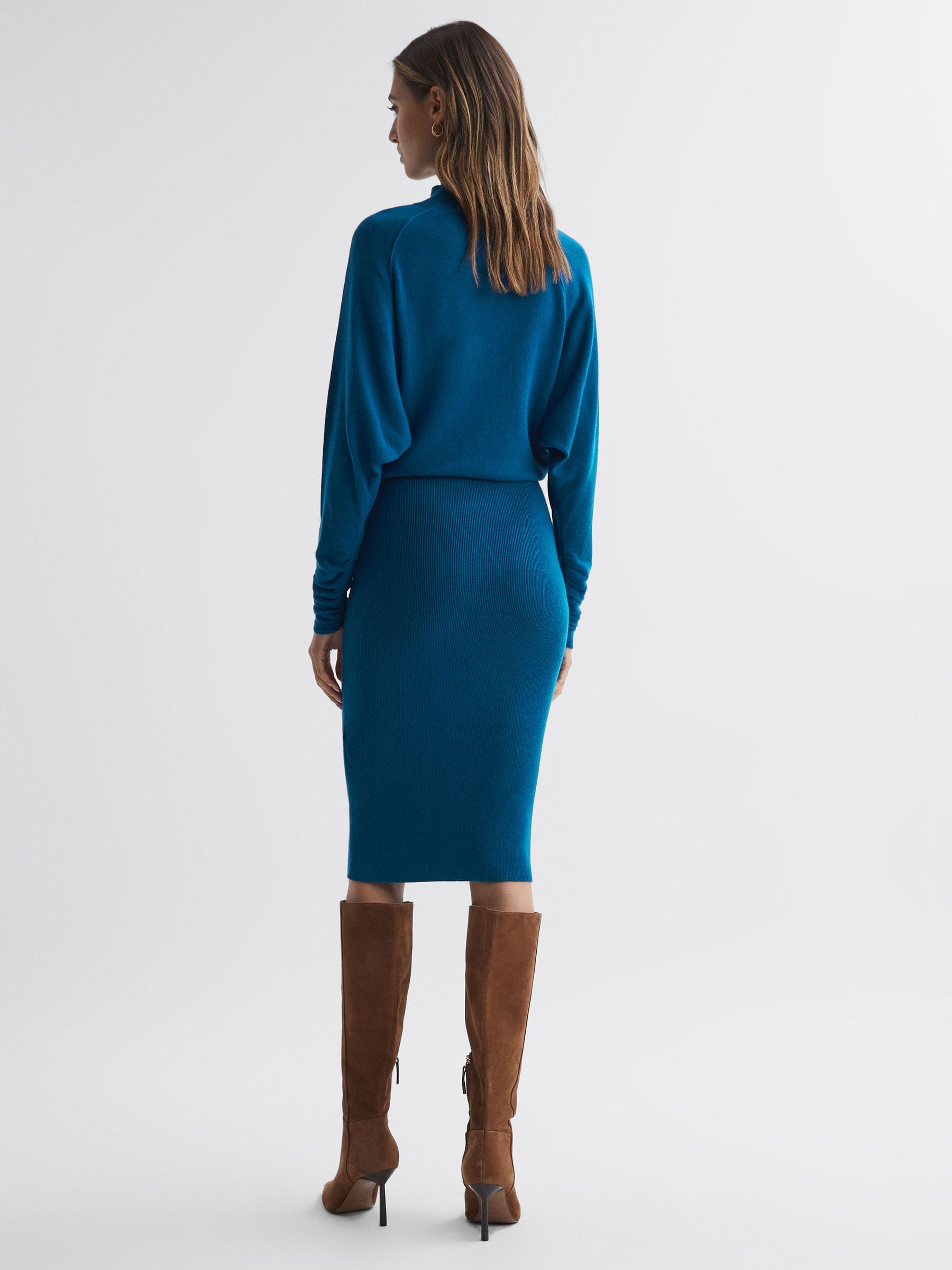 Wool Blend Ruched Sleeve Midi Dress in Blue - Image 5 of 5