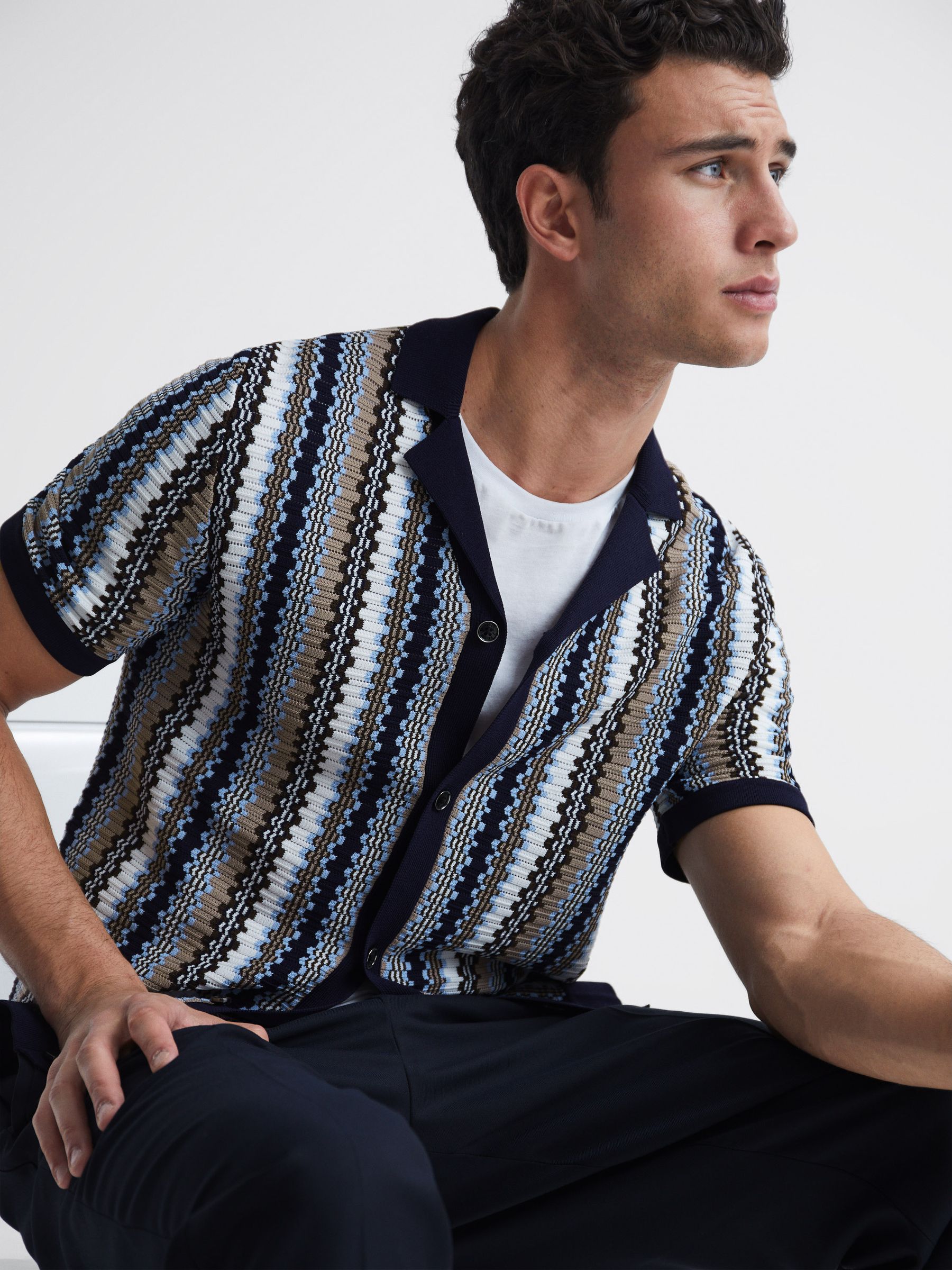 Cuban Collar Striped Button-Through Shirt in Navy - Image 1 of 6