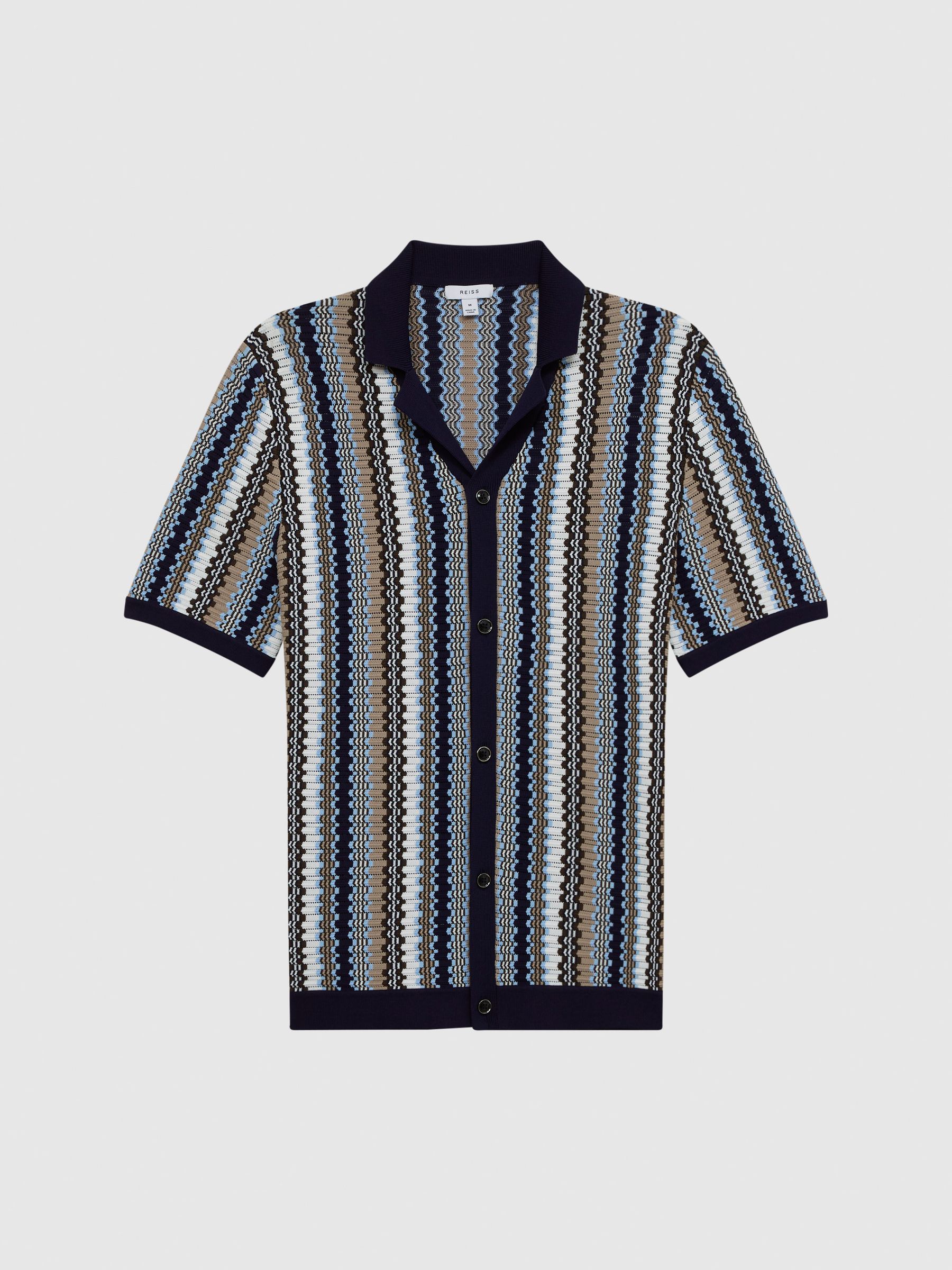 Cuban Collar Striped Button-Through Shirt in Navy - Image 2 of 6