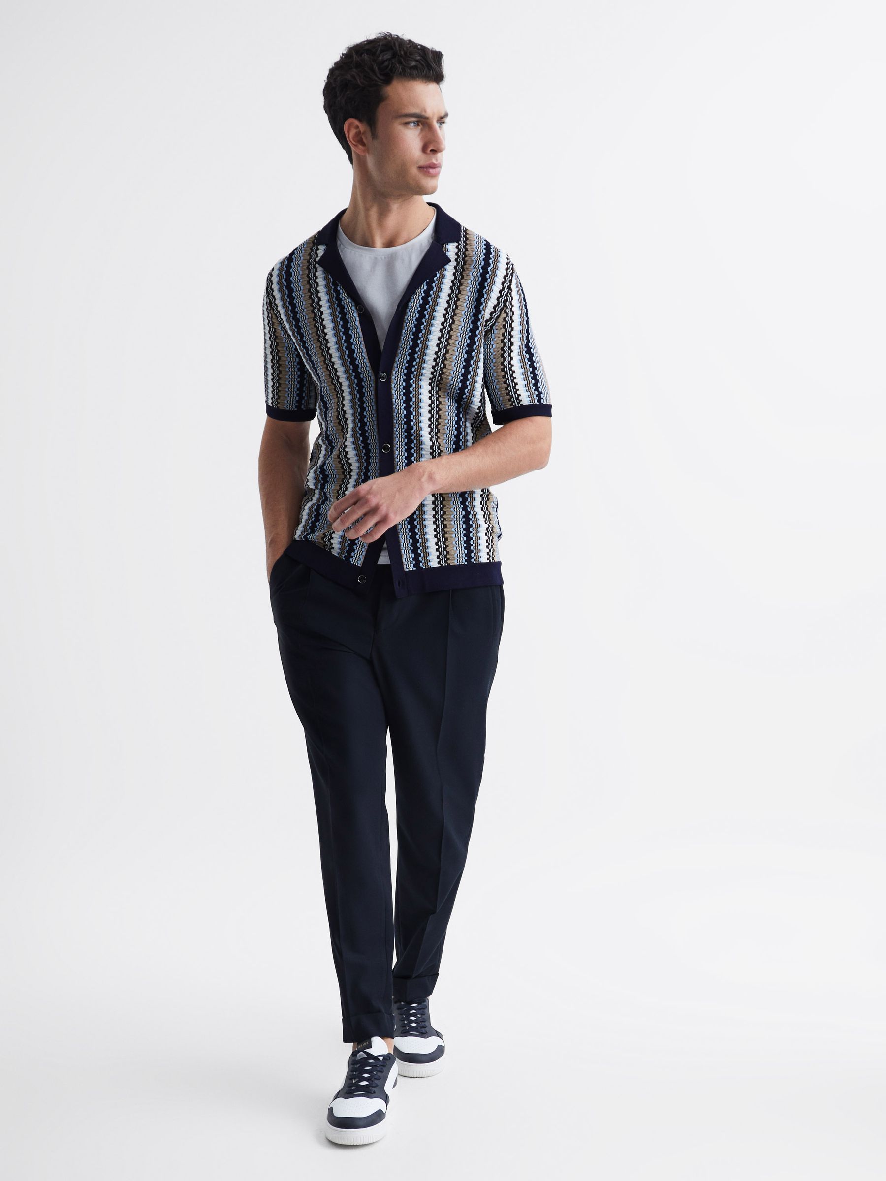 Cuban Collar Striped Button-Through Shirt in Navy - Image 3 of 6