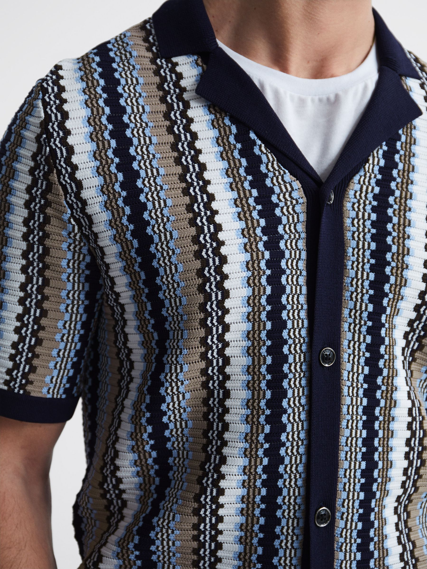 Cuban Collar Striped Button-Through Shirt in Navy - Image 4 of 6