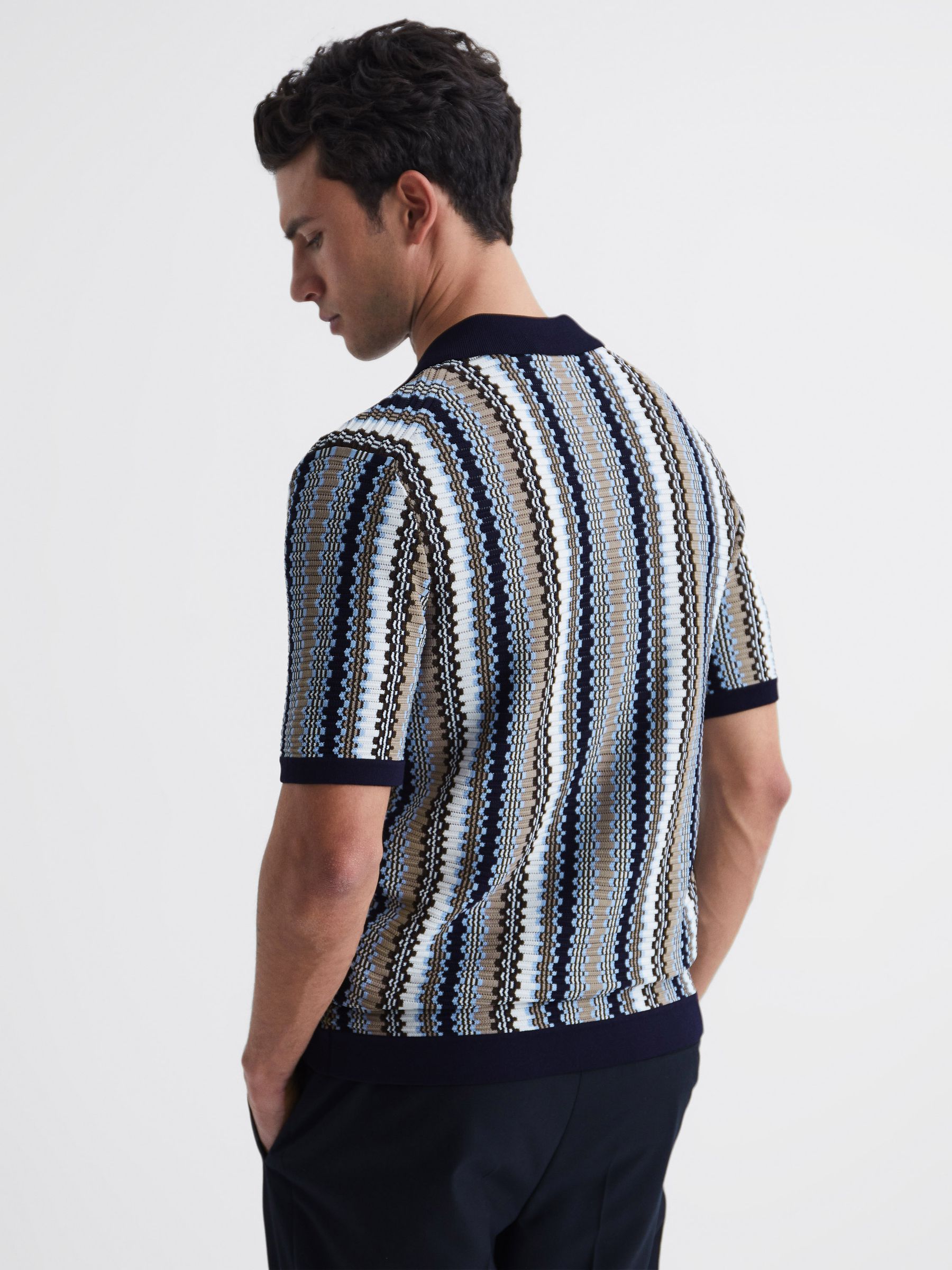 Cuban Collar Striped Button-Through Shirt in Navy - Image 5 of 6