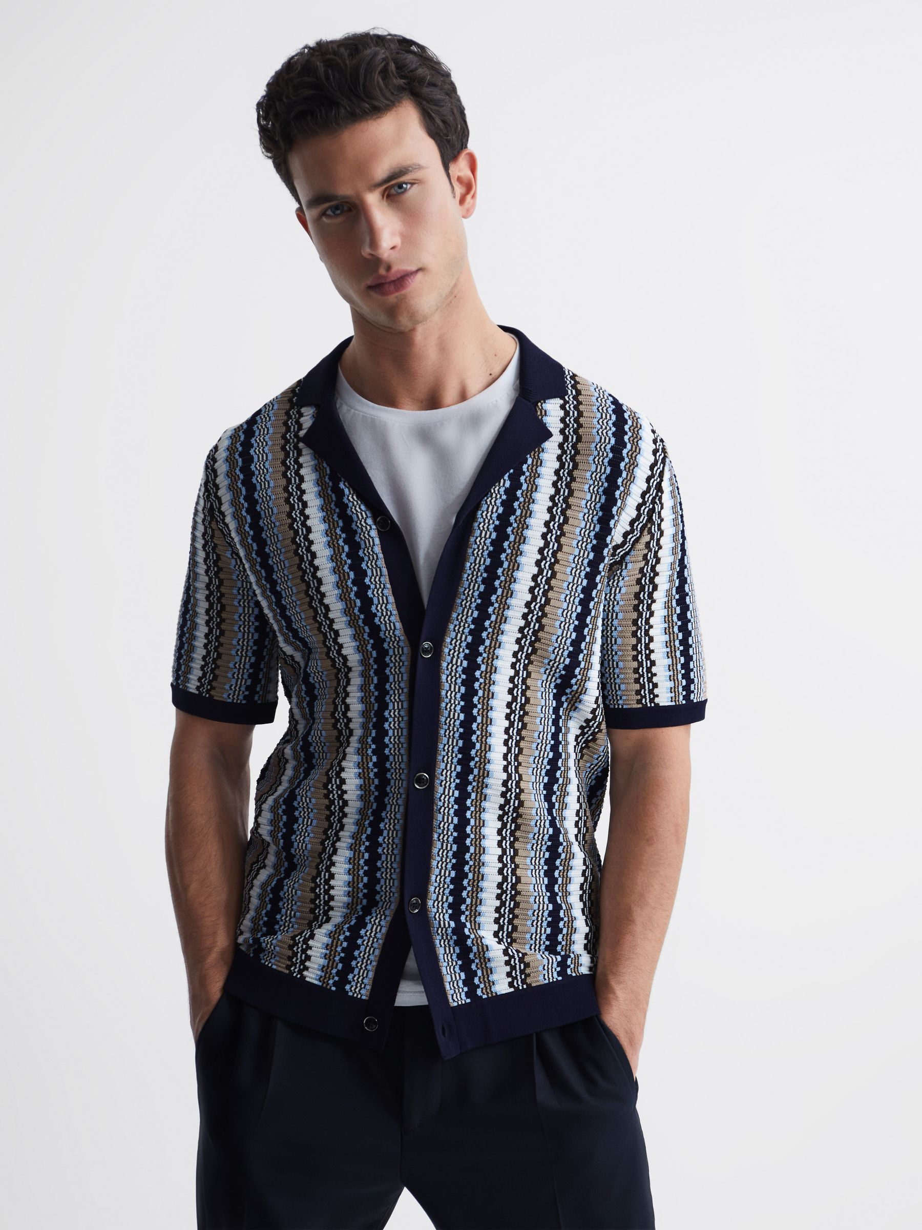 Cuban Collar Striped Button-Through Shirt in Navy - Image 6 of 6