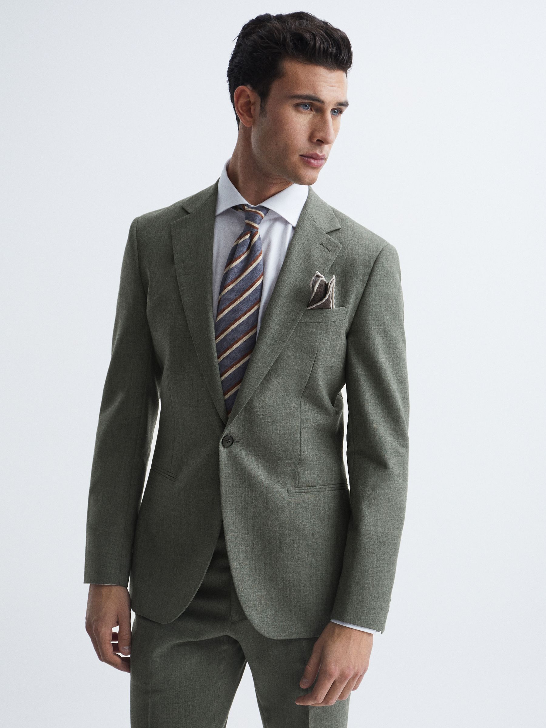 Single Breasted Slim Fit Wool Blazer in Green - Image 1 of 8