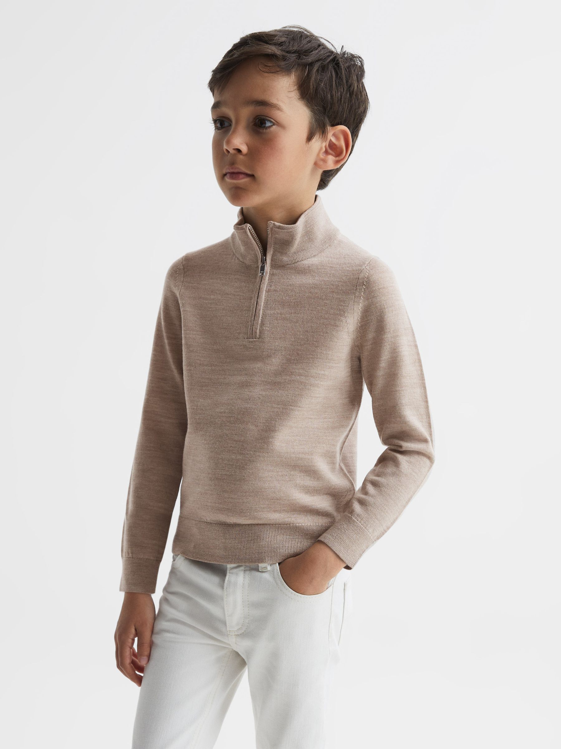Junior Merino Wool Zip-Neck Jumper in Wheat Melange - Image 1 of 6