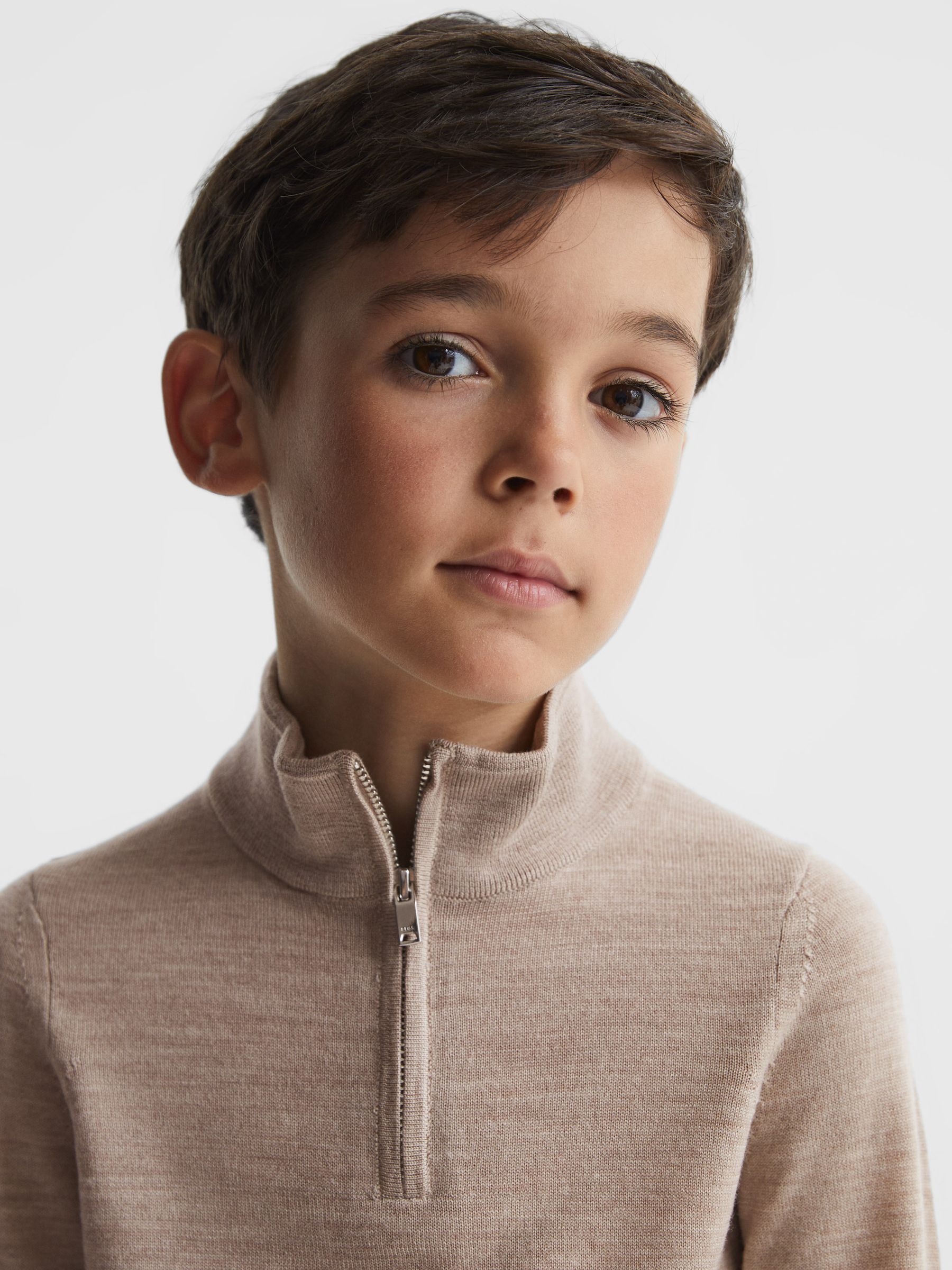 Junior Merino Wool Zip-Neck Jumper in Wheat Melange - Image 4 of 6