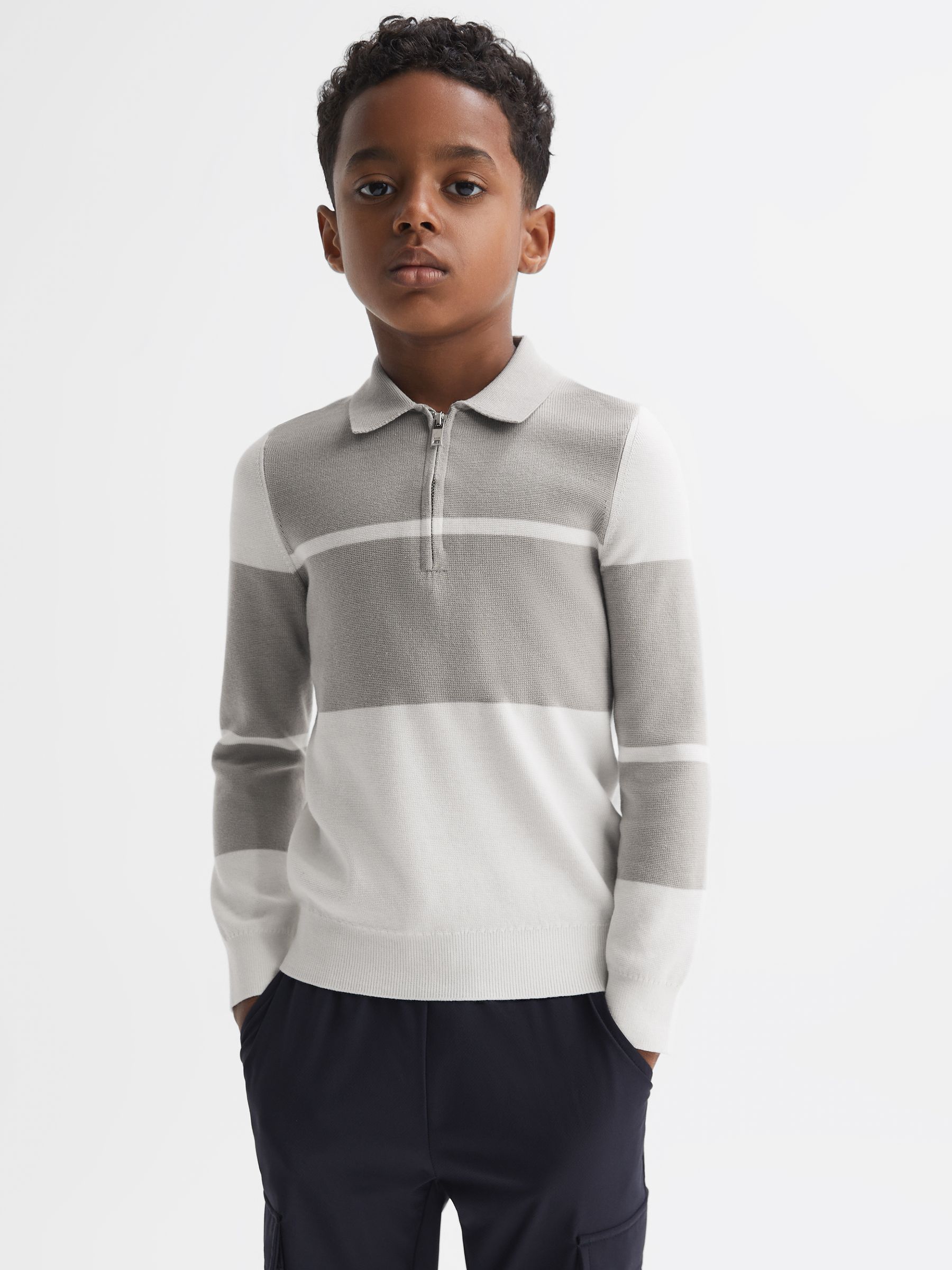3-9 yrs Slim Fit Half-Zip Long Sleeve Polo Shirt in Soft Grey/White - Image 1 of 6