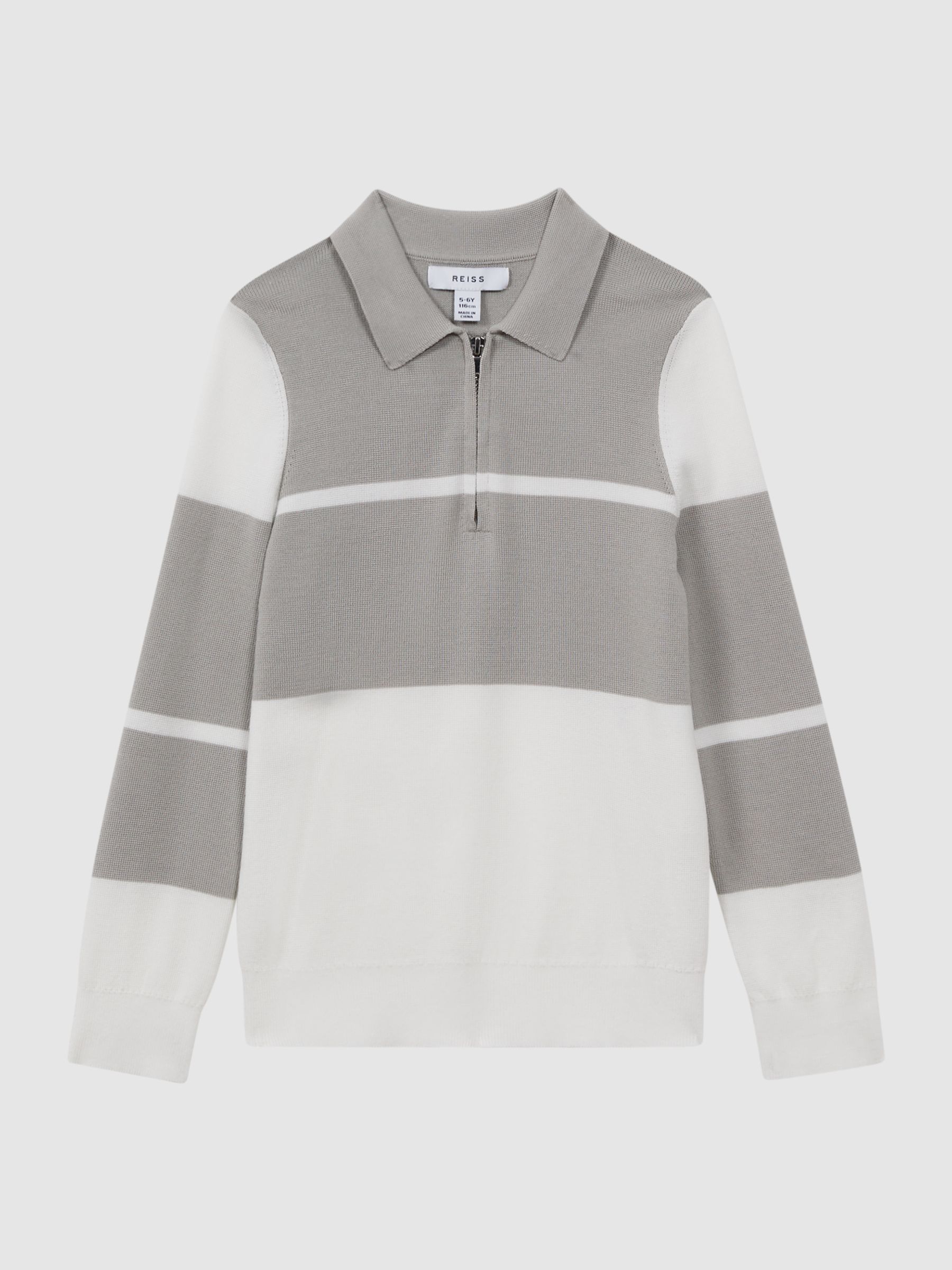 3-9 yrs Slim Fit Half-Zip Long Sleeve Polo Shirt in Soft Grey/White - Image 2 of 6