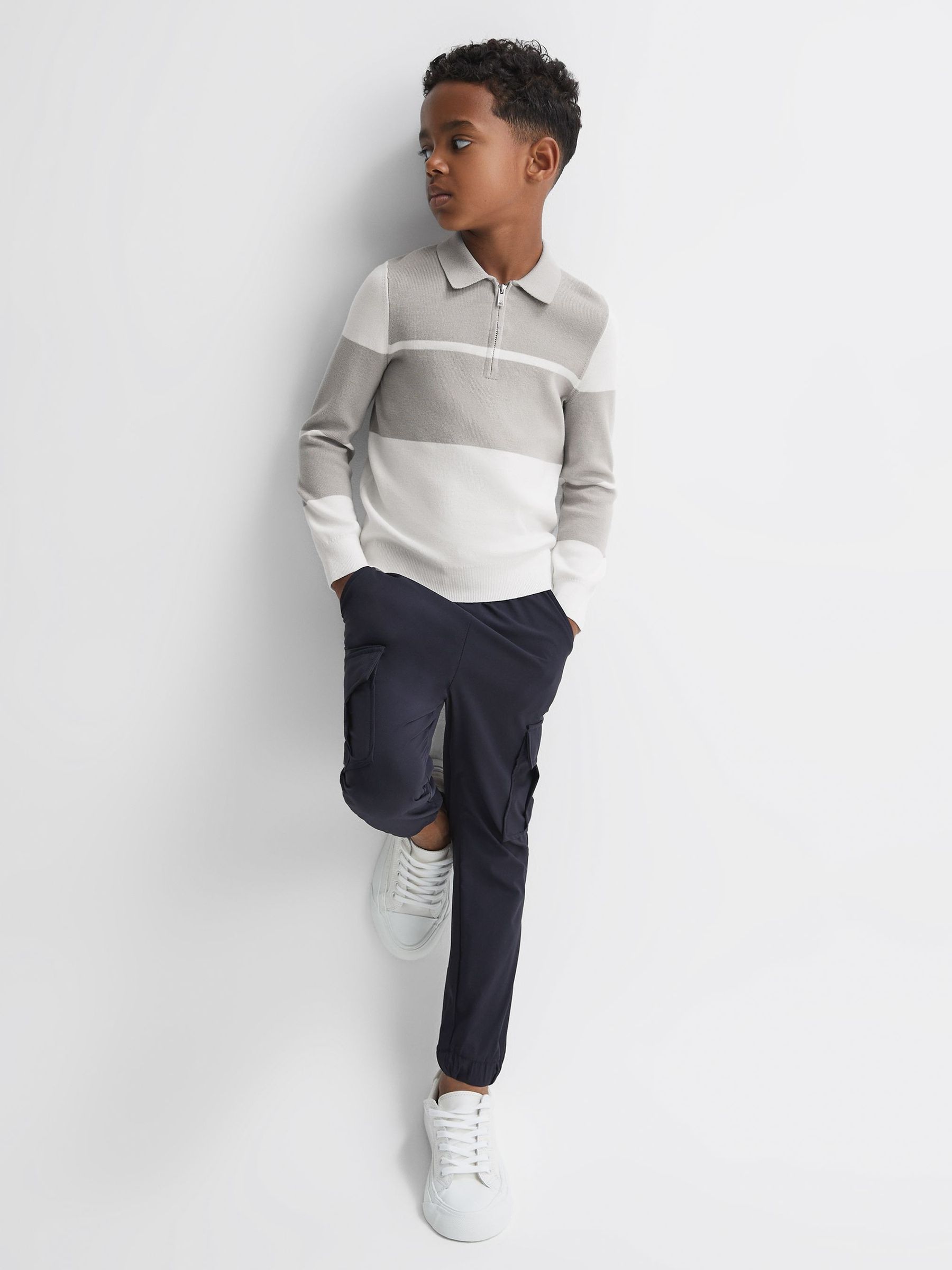 3-9 yrs Slim Fit Half-Zip Long Sleeve Polo Shirt in Soft Grey/White - Image 3 of 6