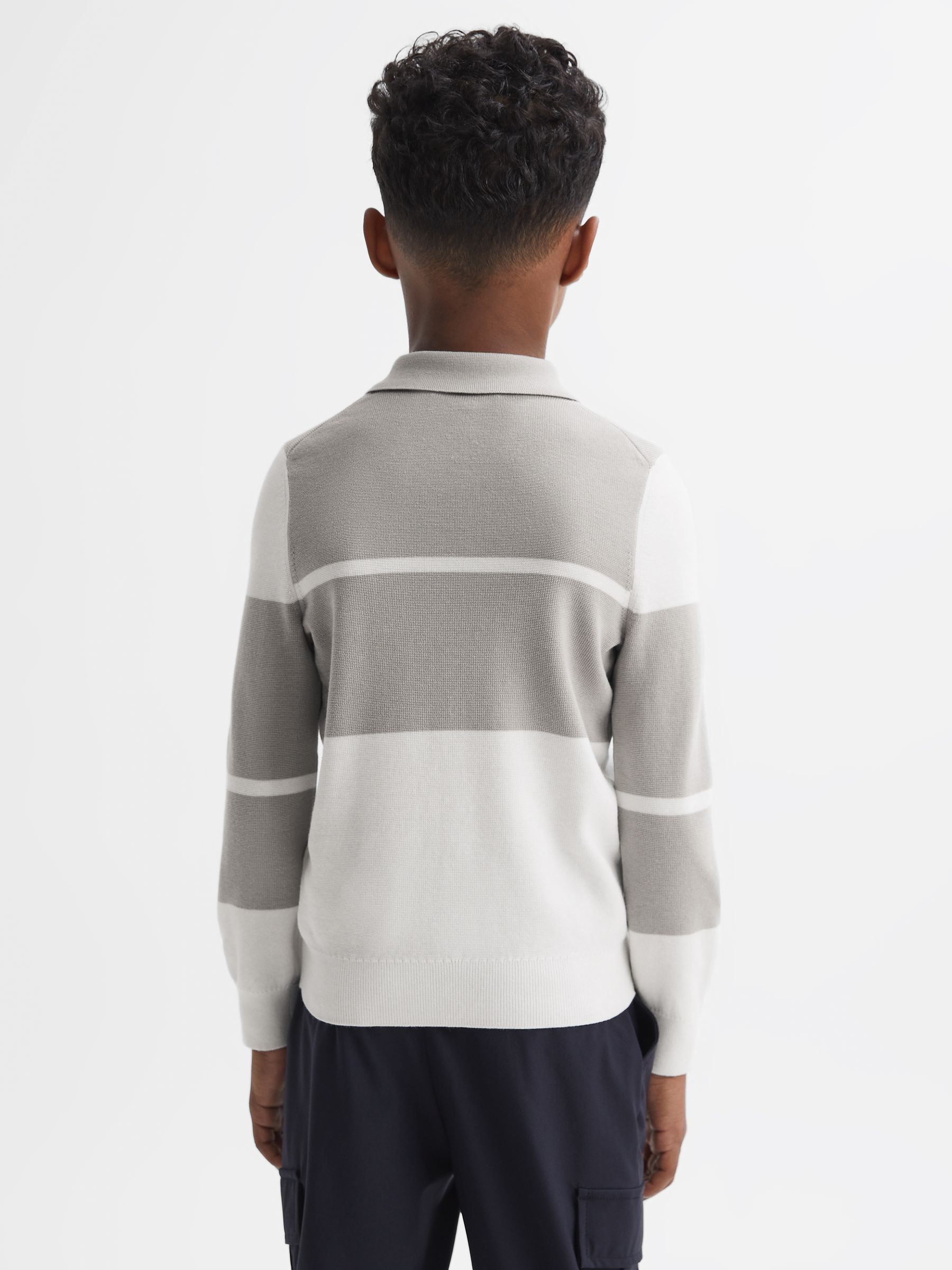 3-9 yrs Slim Fit Half-Zip Long Sleeve Polo Shirt in Soft Grey/White - Image 5 of 6
