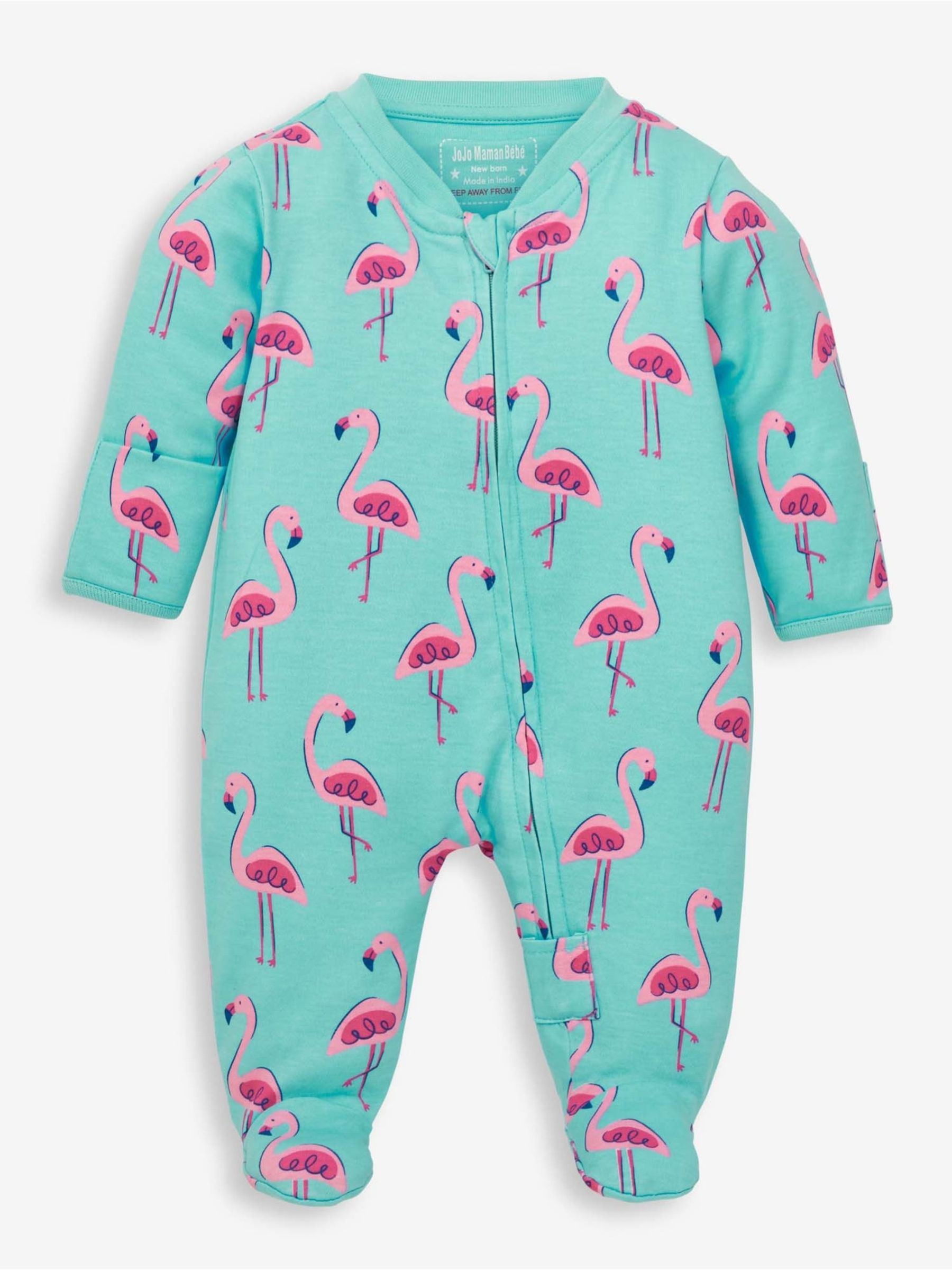 Duck Egg Duck Egg Flamingo Print Zip Baby Sleepsuit - Image 1 of 1