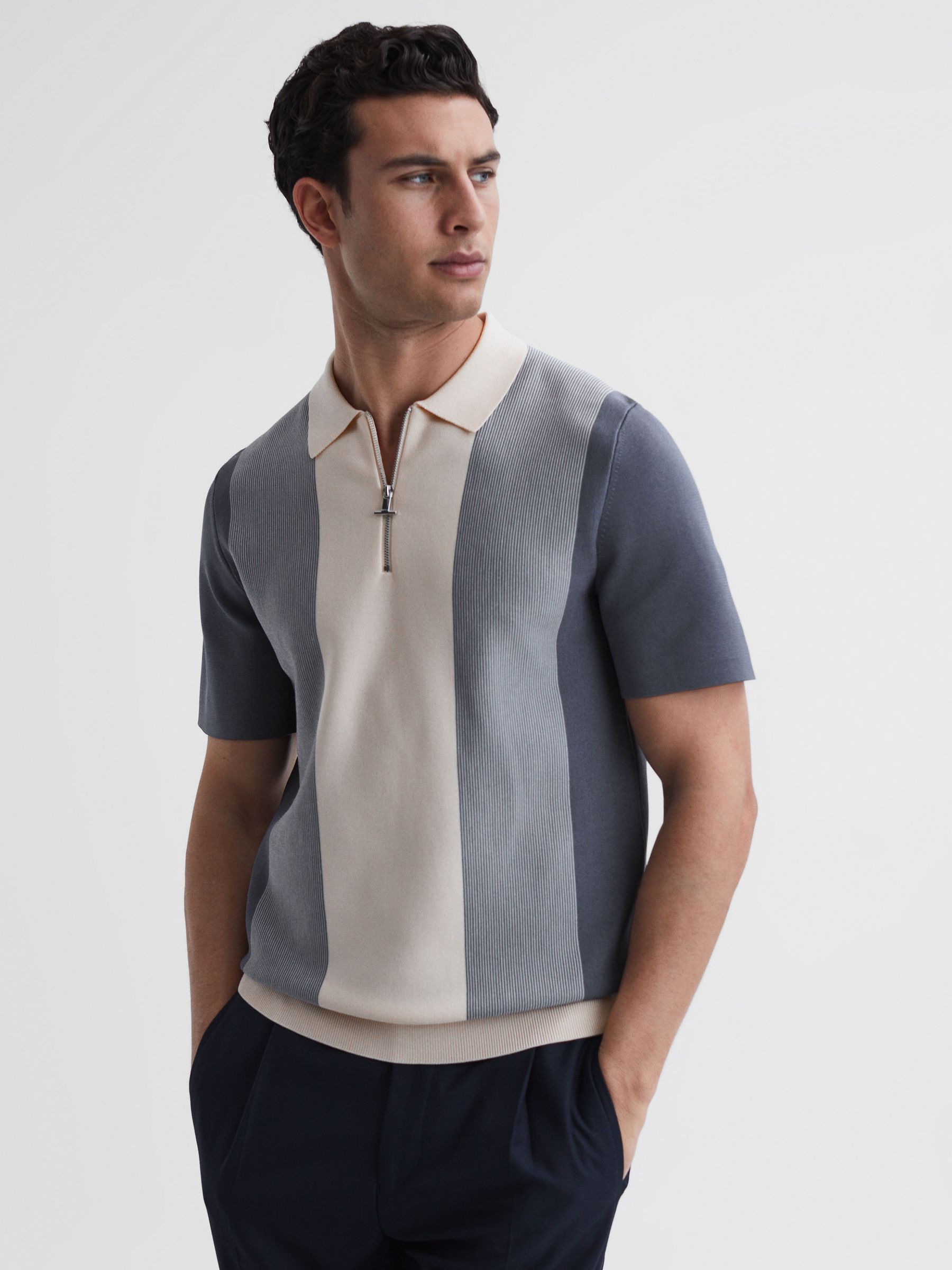 Half-Zip Striped Polo T-Shirt in Airforce Blue/Ecru - Image 1 of 4