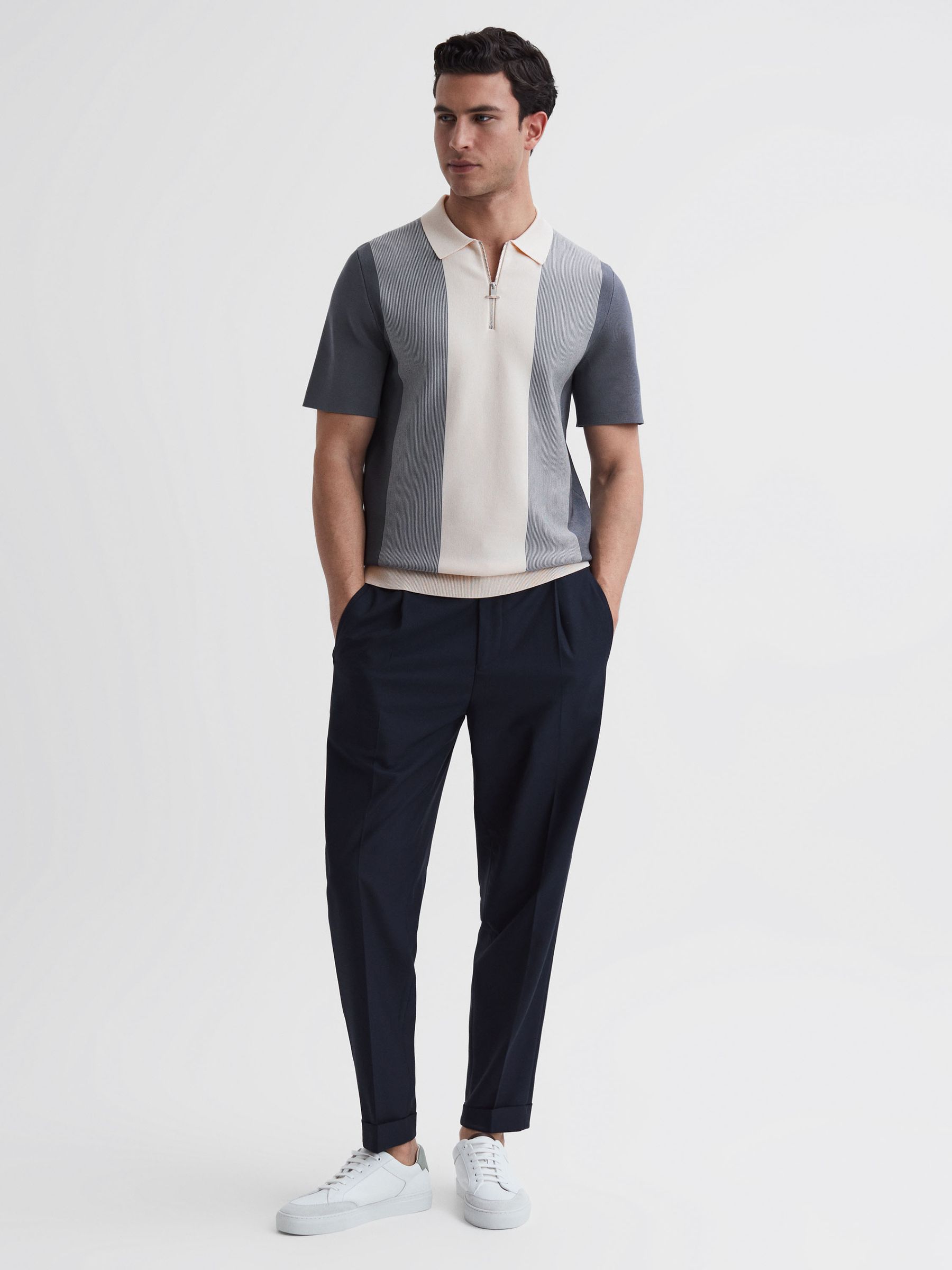 Half-Zip Striped Polo T-Shirt in Airforce Blue/Ecru - Image 3 of 4