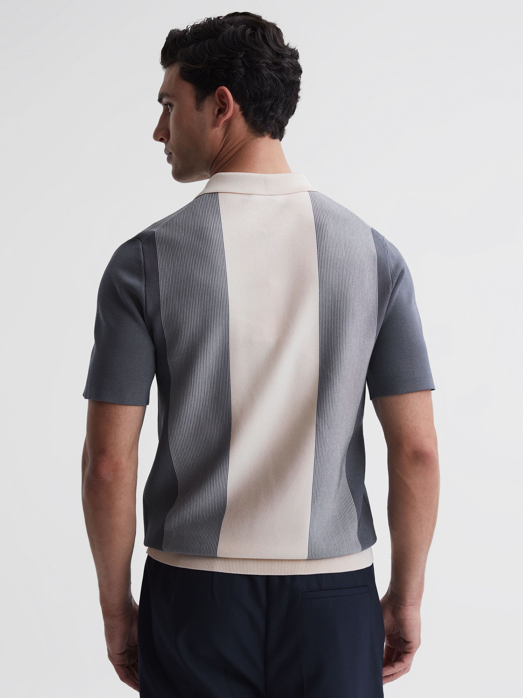 Half-Zip Striped Polo T-Shirt in Airforce Blue/Ecru - Image 4 of 4