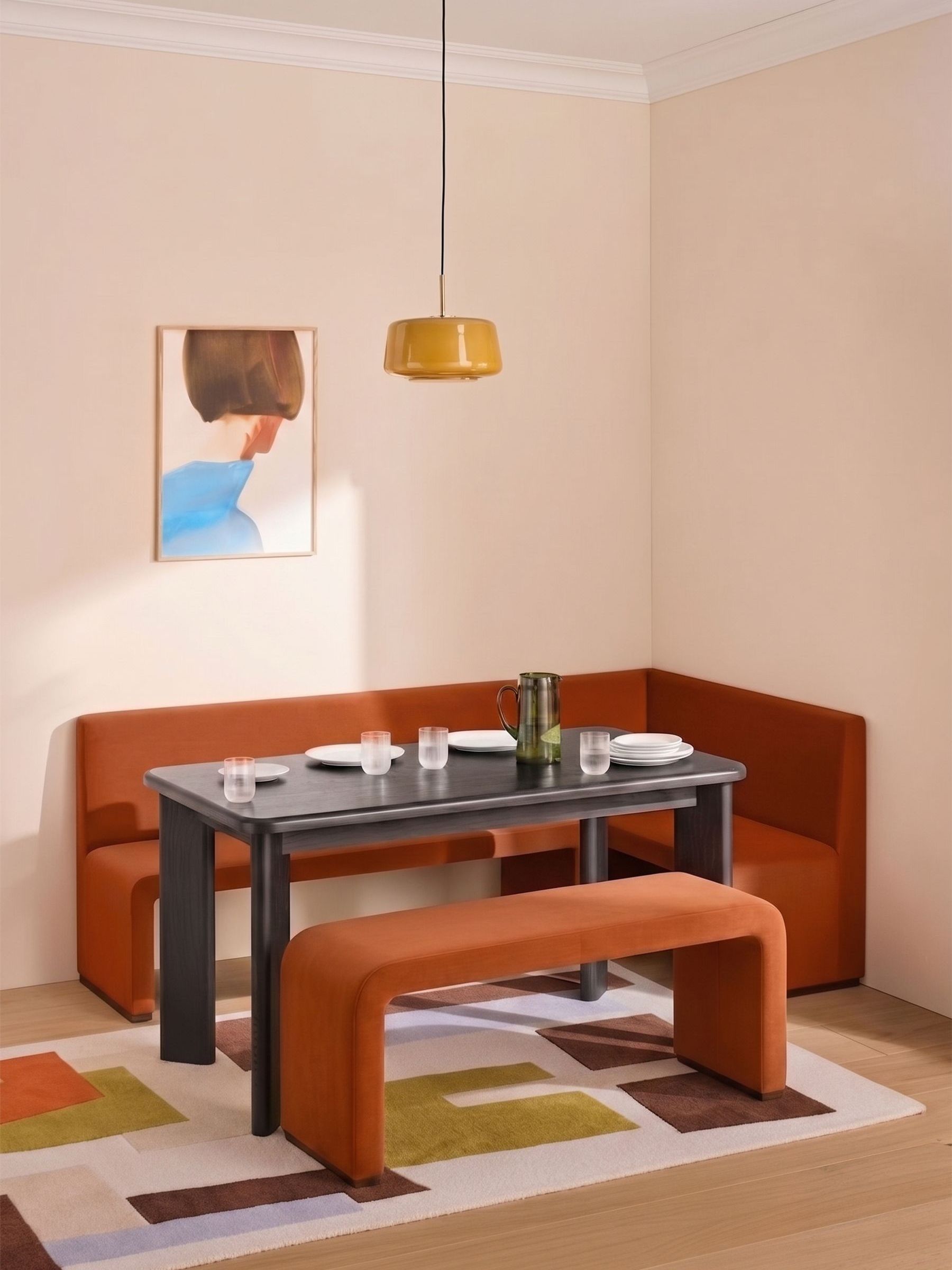 Right Hand Corner Bench and Dining Table Set in Rust Red Velvet - Image 1 of 2