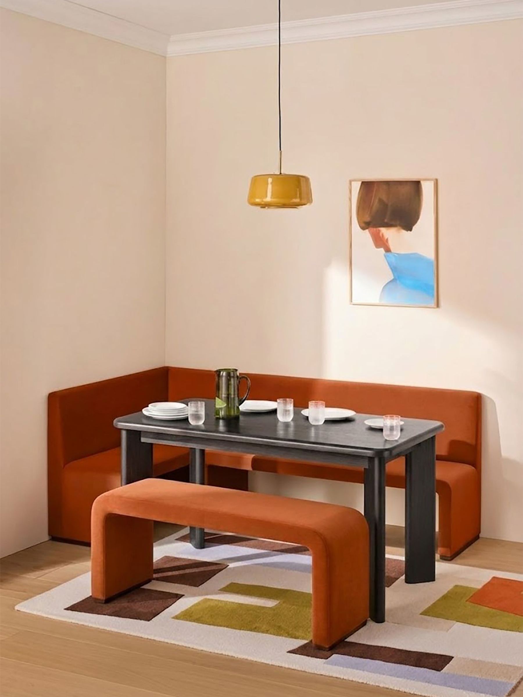 Left Hand Corner Bench and Dining Table Set in Rust Red Velvet - Image 1 of 2