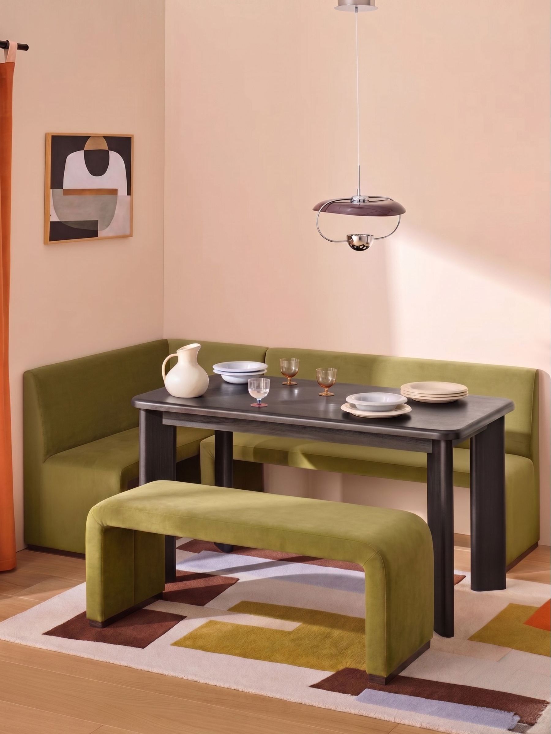 Left Hand Corner Bench and Dining Table Set in Fern Green Velvet - Image 1 of 2