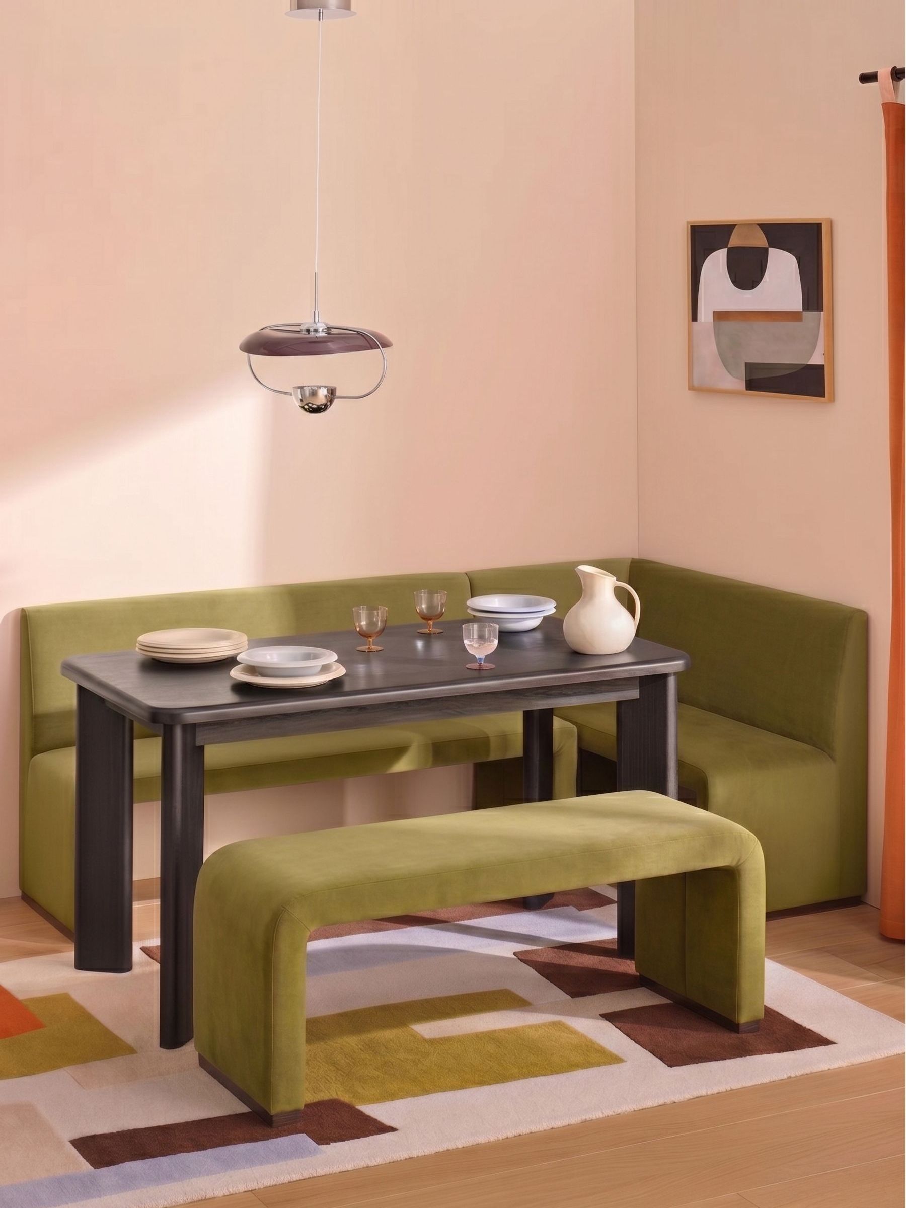 Right Hand Corner Bench and Dining Table Set in Fern Green Velvet - Image 1 of 2