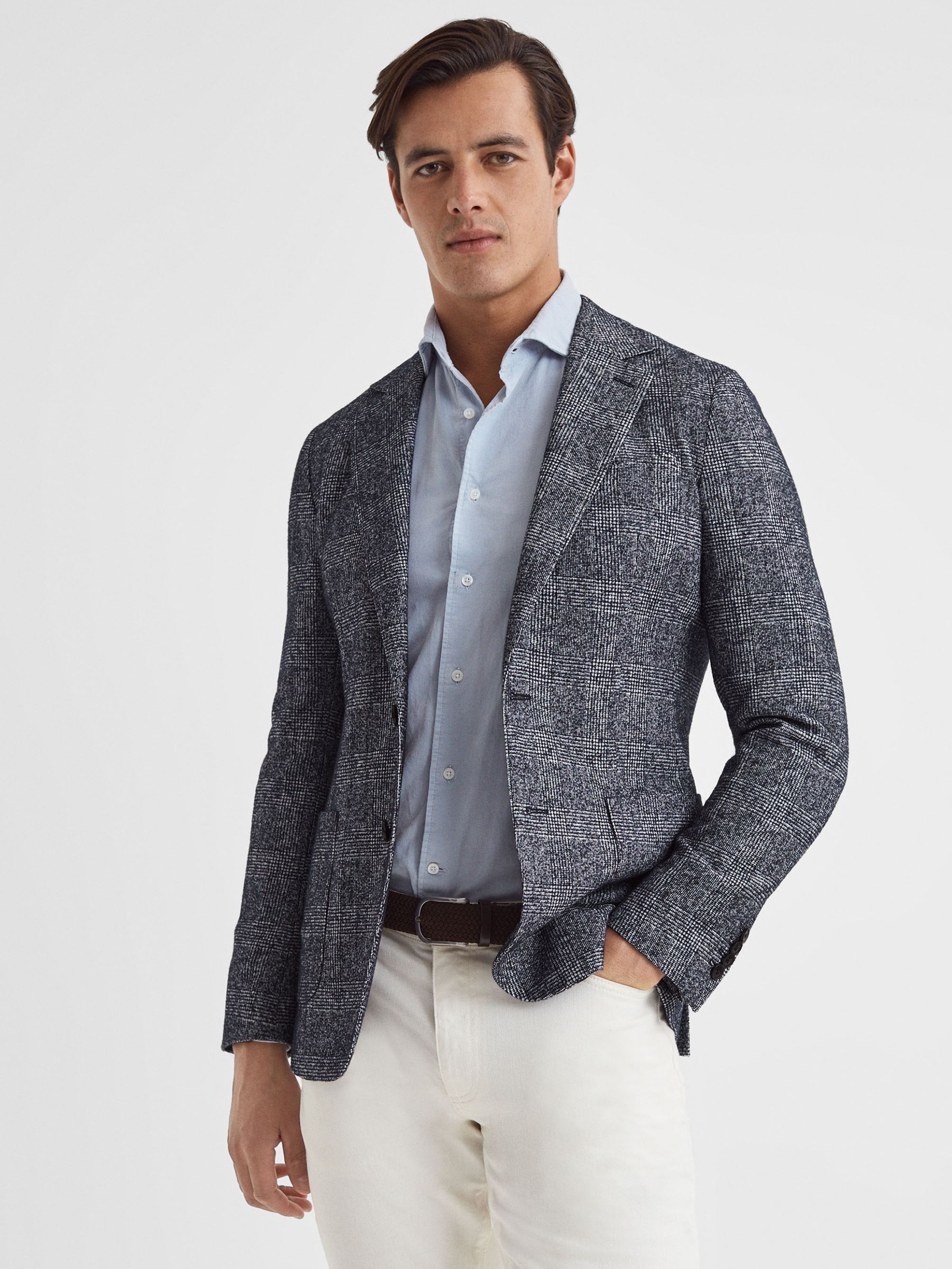 Slim Fit Single Breasted Check Blazer in Navy - Image 1 of 7