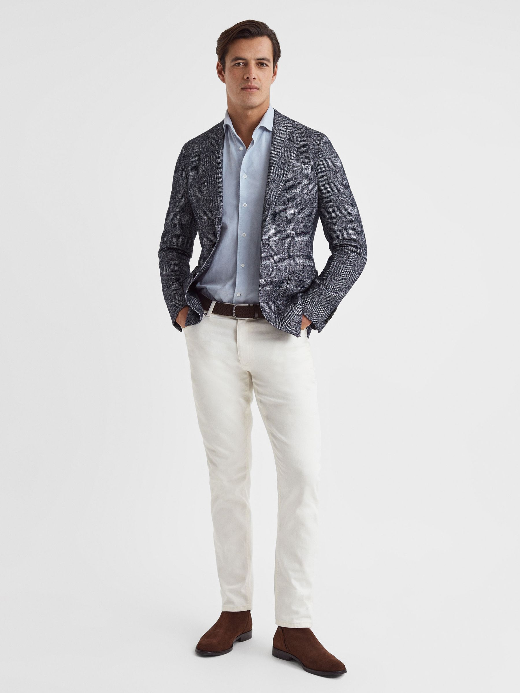 Slim Fit Single Breasted Check Blazer in Navy - Image 3 of 7