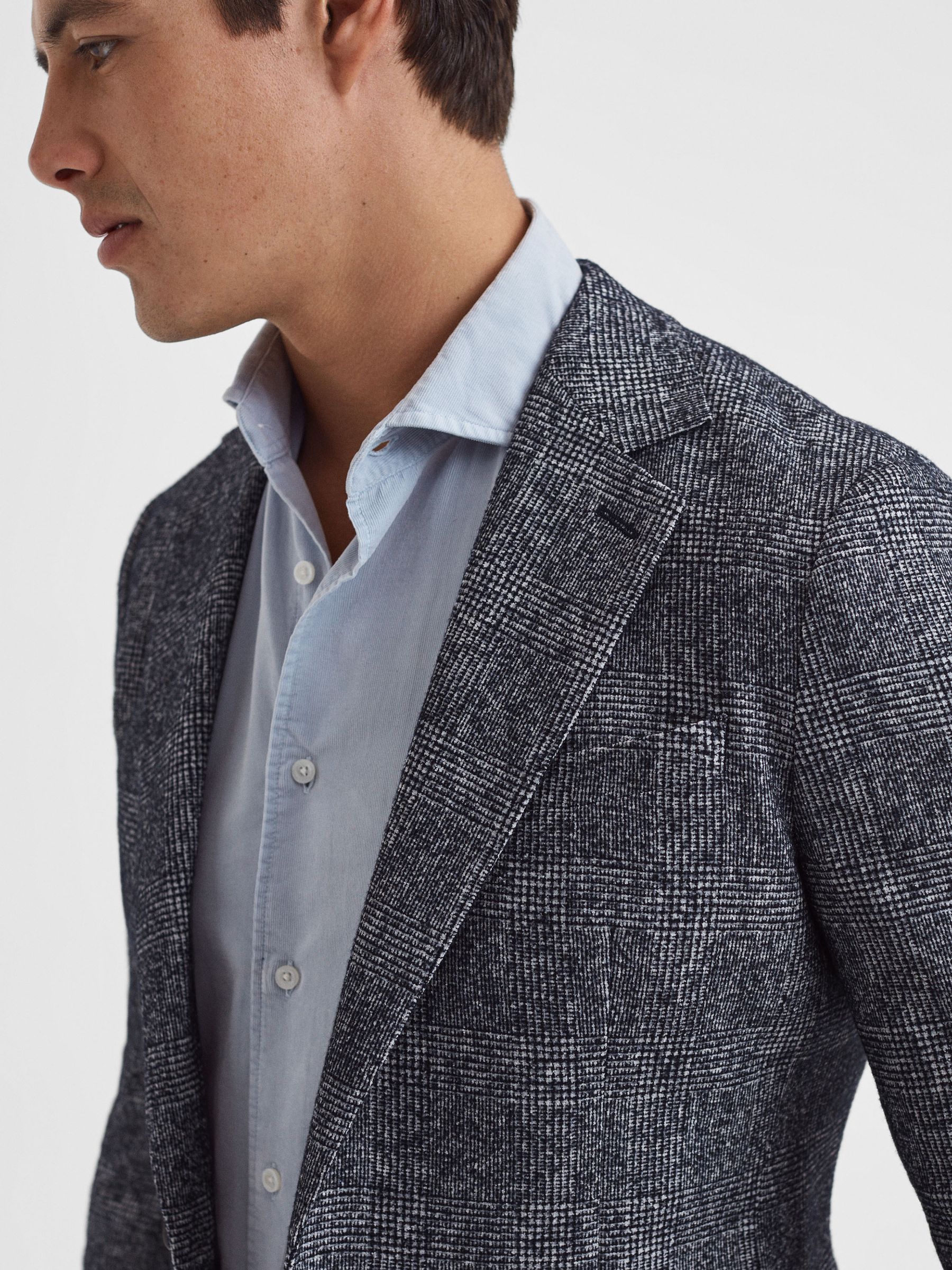 Slim Fit Single Breasted Check Blazer in Navy - Image 4 of 7