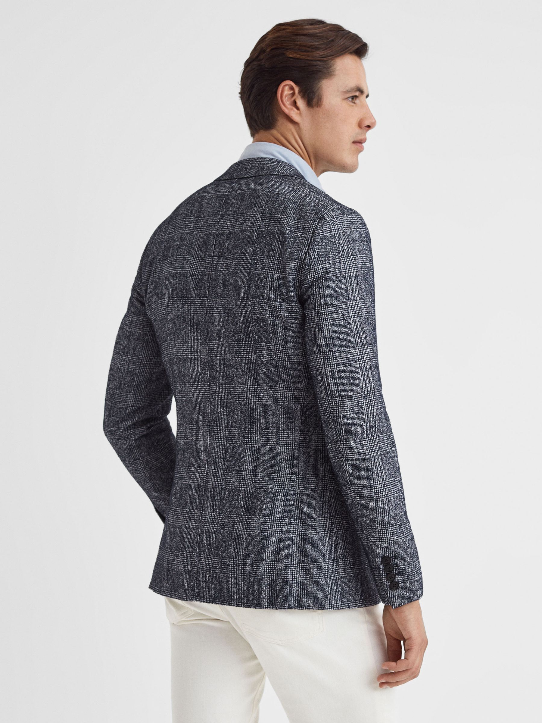 Slim Fit Single Breasted Check Blazer in Navy - Image 5 of 7