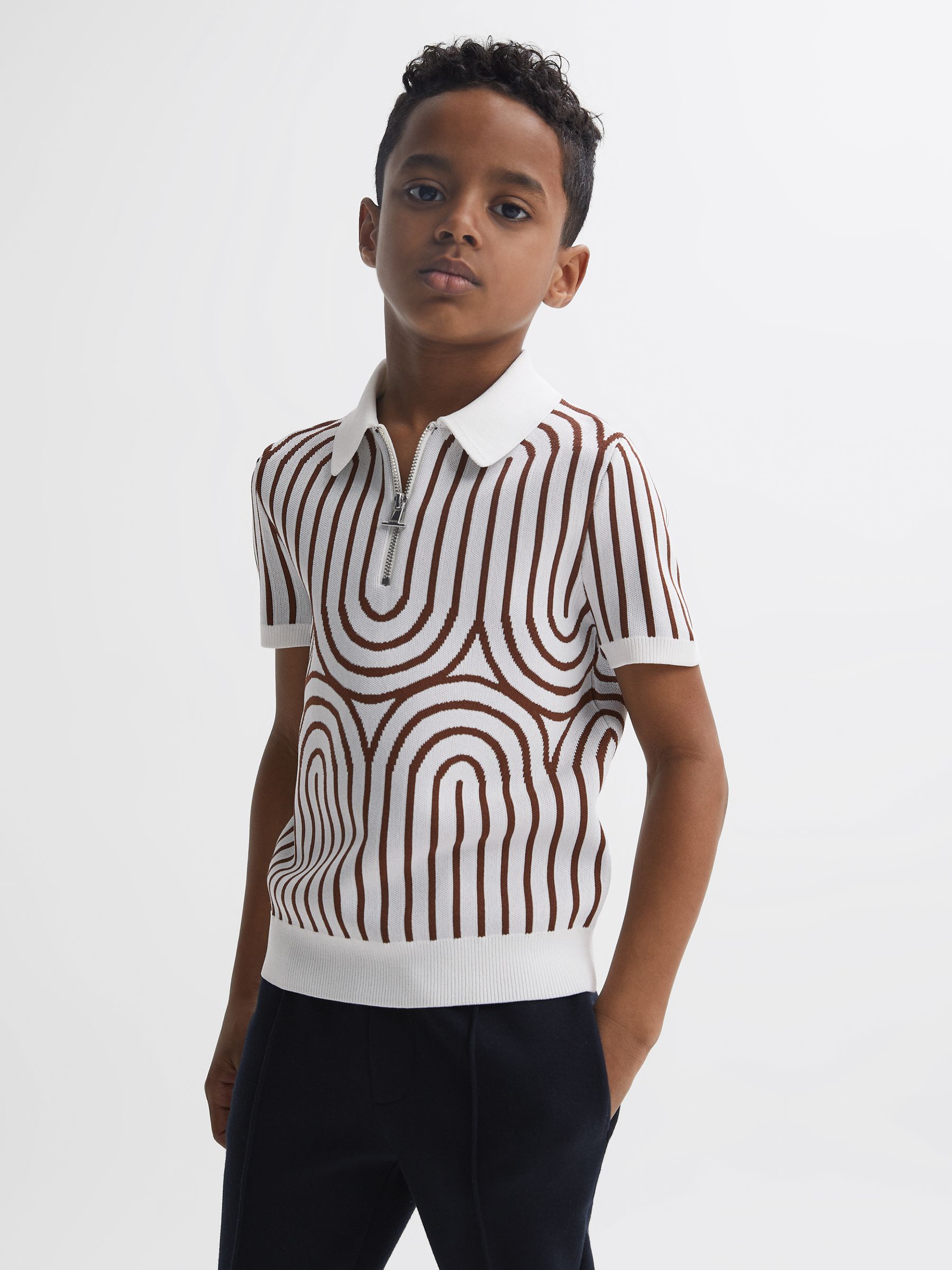Junior Half-Zip Striped Polo T-Shirt in White/Brown - Image 1 of 7