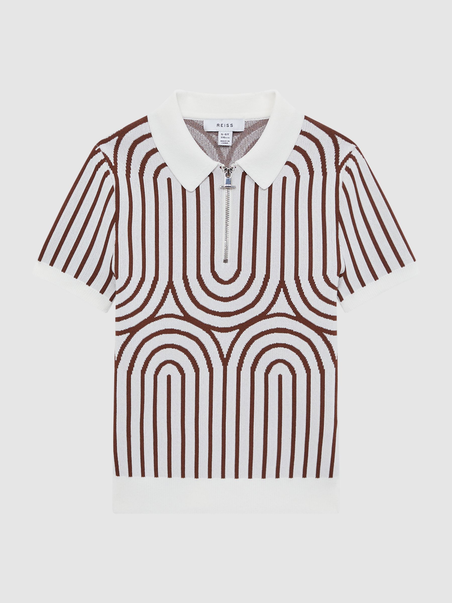 Junior Half-Zip Striped Polo T-Shirt in White/Brown - Image 2 of 7