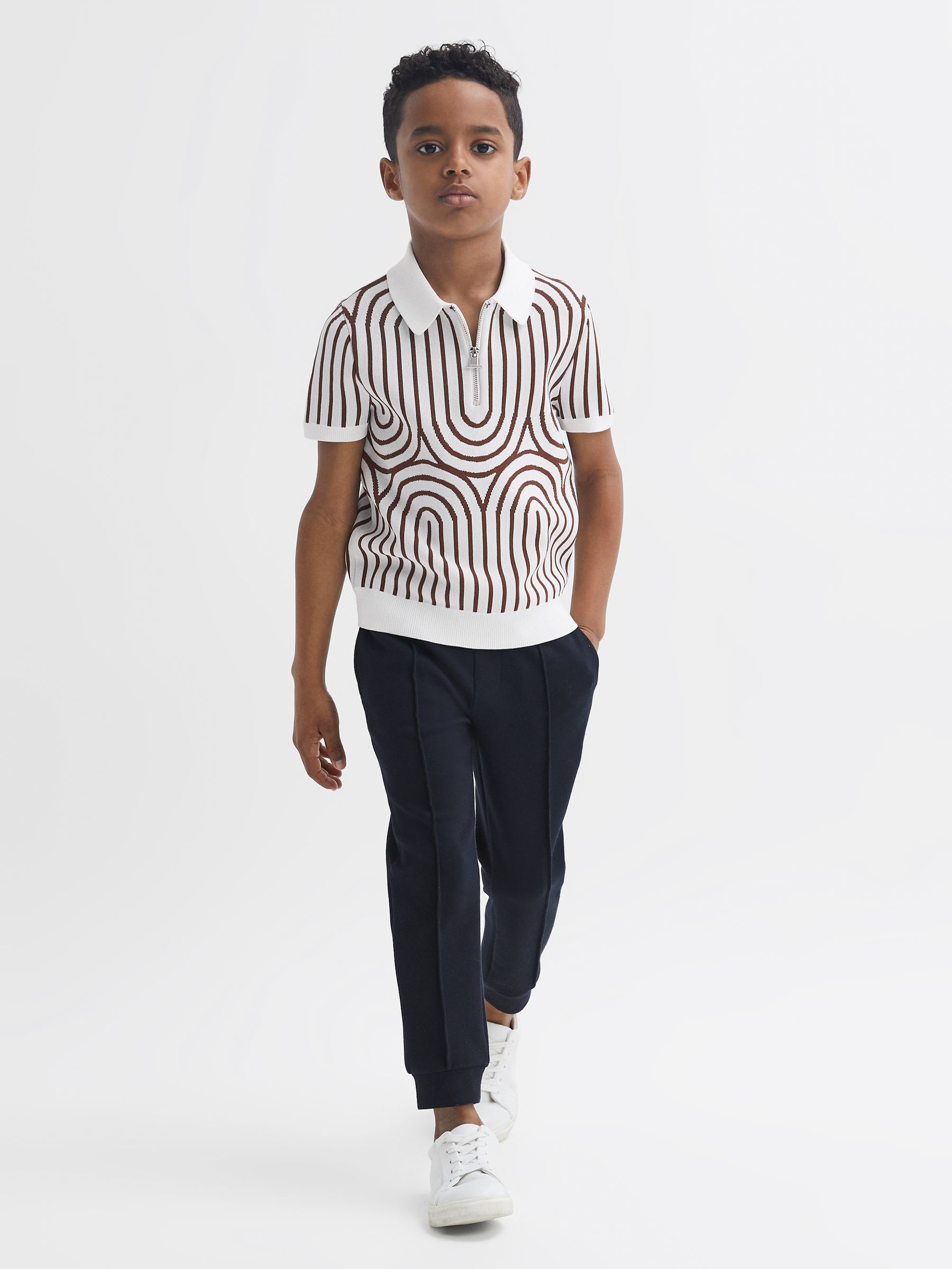 Junior Half-Zip Striped Polo T-Shirt in White/Brown - Image 3 of 7