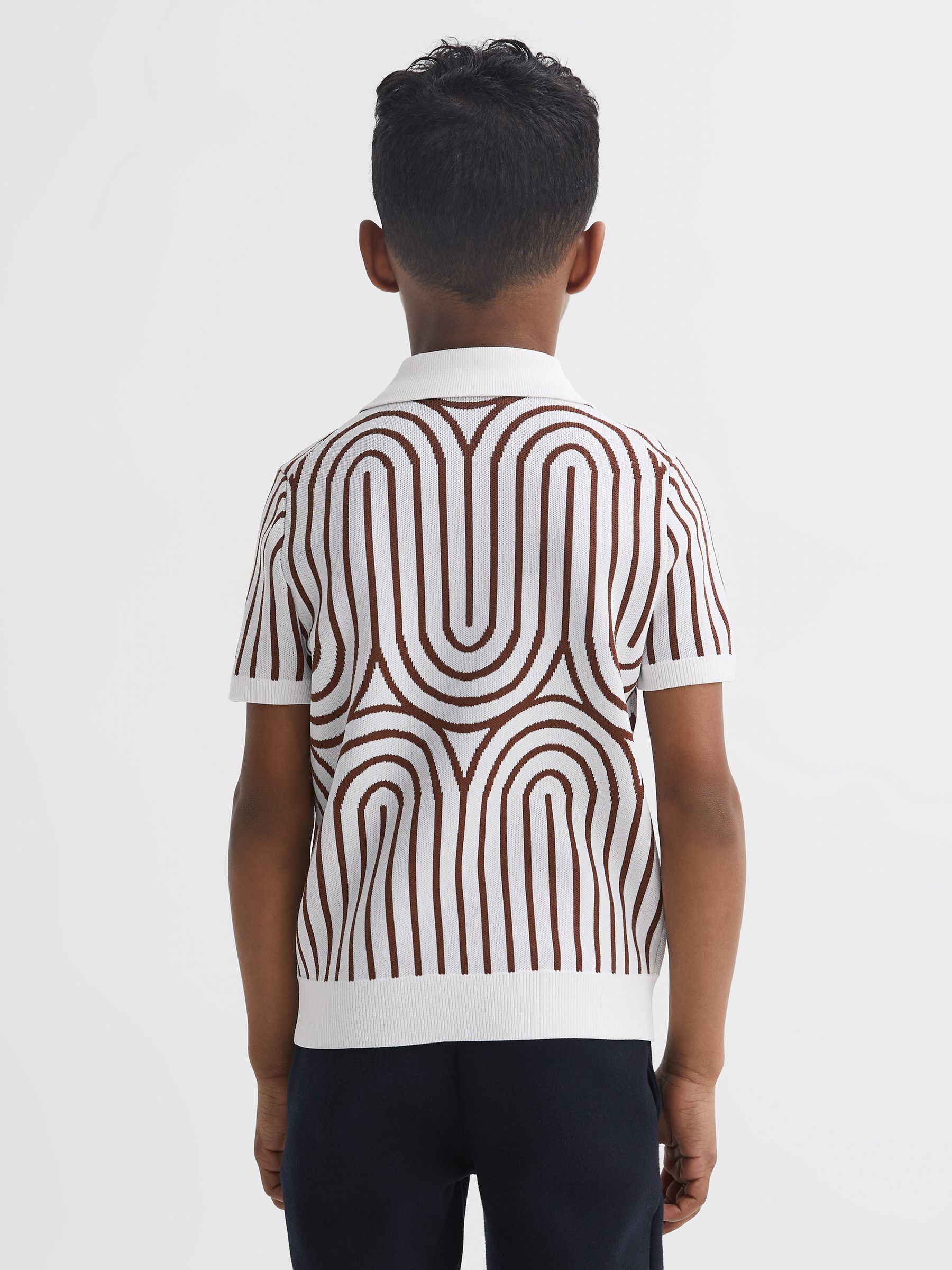 Junior Half-Zip Striped Polo T-Shirt in White/Brown - Image 5 of 7